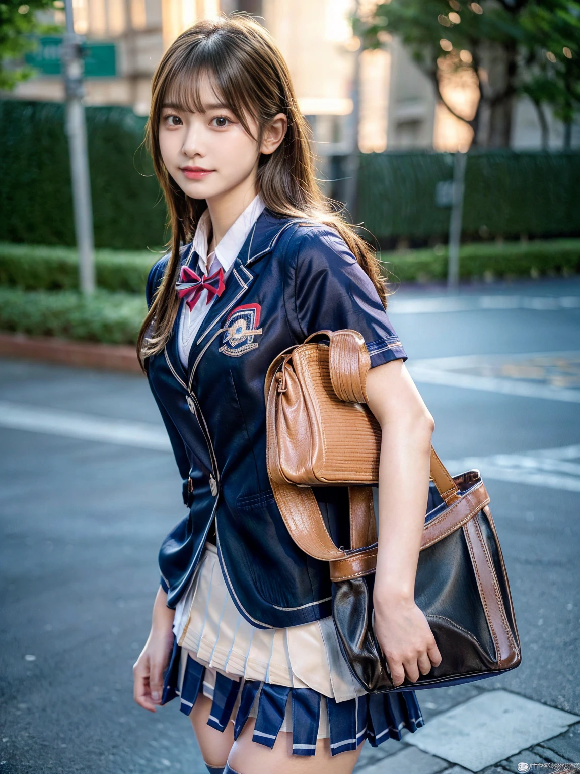 (Masterpiece, BestQuality:1.3), (ultra detailed 8k cg:1.2), (hyperrealistic:1.35), (realistic:1.4), 1 beautiful Japanese girl, 22 years old, supermodel, Japanese Idol, __expression__, Oversized Breasts, (((Carrying a bag on your back))), (School uniform:1.4), ((( blazer uniform:1.5))), (((panties under skirt :1.5))), road, (((Short sleeve))), large breasts, Oversized butt, cute face, big eyes, slanted eyes, thin lips, bob hair, mediumseagreen hair, cadetblue eyes, illustration style, beautiful woman, boyish, (RAW photo, masterpiece:1.2), ultra detailed, ultra high res, (realistic, photo realistic:1.37), portrait, high detail RAW color photo, professional photograph, an extremely delicate and beautiful, huge file size, official art, extremely detailed beautiful girl, extremely detailed face, extremely detailed eyes, extremely detailed skin, Warm-Smile, Photographed from the side, Wistful-Smile, underwear pink, (Photorealotorealistic:1.45), COWBOY SHOT, best quality, 16k, high quality, 4K, 8k, best quality, high quality, super detail, UHD, masterpiece, accurate, anatomically correct, textured skin, high details, highres