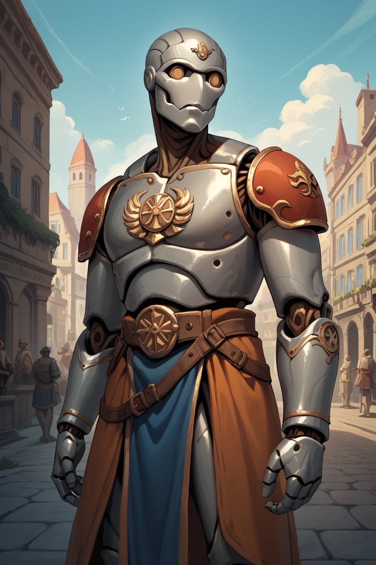 (medieval fantasy), automaton male, city, metal body, robot body, Greek mythology, greek helmet