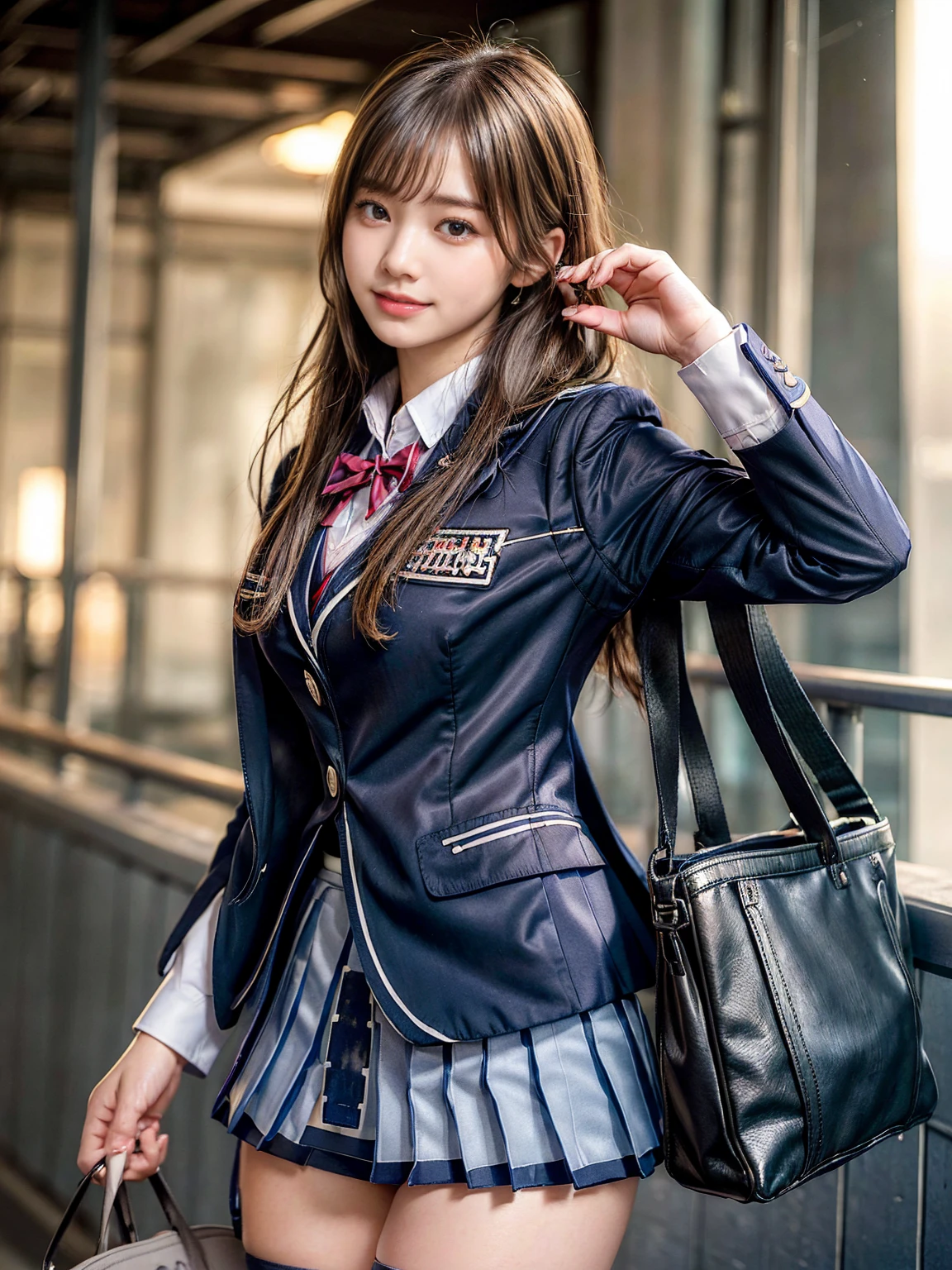 (Masterpiece, BestQuality:1.3), (ultra detailed 8k cg:1.2), (hyperrealistic:1.35), (realistic:1.4), 1 beautiful Japanese girl, 22 years old, supermodel, Japanese Idol, __expression__, Oversized Breasts, (((Carrying a bag on your back))), (School uniform:1.4), ((( blazer uniform:1.5))), (((panties under skirt :1.5))), road, (((Short sleeve))), large breasts, Oversized butt, cute face, big eyes, slanted eyes, thin lips, bob hair, mediumseagreen hair, cadetblue eyes, illustration style, beautiful woman, boyish, (RAW photo, masterpiece:1.2), ultra detailed, ultra high res, (realistic, photo realistic:1.37), portrait, high detail RAW color photo, professional photograph, an extremely delicate and beautiful, huge file size, official art, extremely detailed beautiful girl, extremely detailed face, extremely detailed eyes, extremely detailed skin, Warm-Smile, Photographed from the side, Wistful-Smile, underwear pink, (Photorealotorealistic:1.45), COWBOY SHOT, best quality, 16k, high quality, 4K, 8k, best quality, high quality, super detail, UHD, masterpiece, accurate, anatomically correct, textured skin, high details, highres