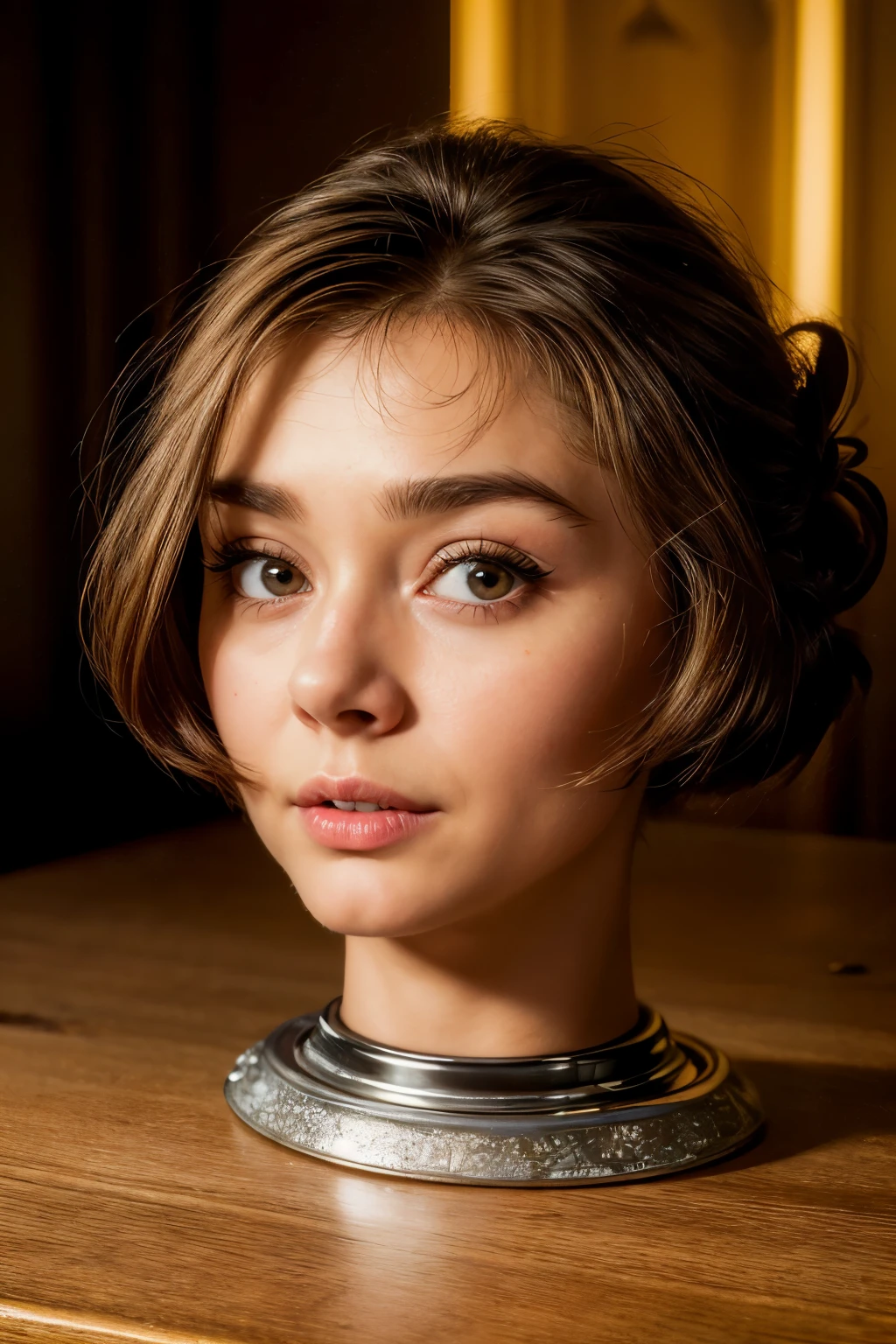 ((disembodied head on short table stand)), (masterpiece, photorealistic: 1.4), (very complex: 1.2), cinematic light, side lighting, super high definition, best shadow, RAW photo, a young Hollywood actress, Audrey Hepburn, wearing makeup, detailed face, detailed eyes, sophisticated nose, details and skin texture, detailed lips, indoors,