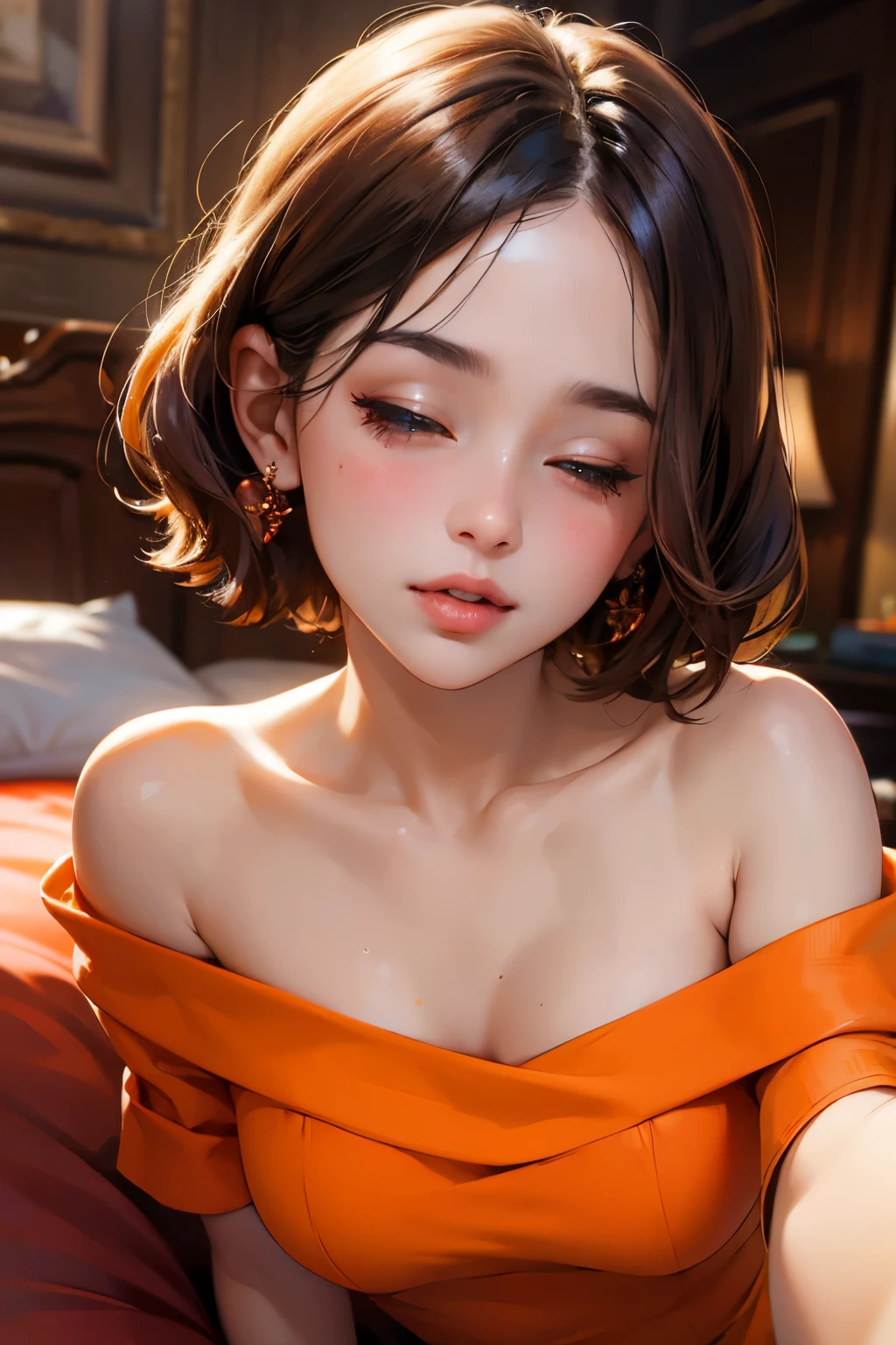 Amazing portrait of a sexy and cute girl with a short bob hairstyle and a seductive gaze who is blushing intensely with parted lips and is desperate and flustered and lustful wearing an off shoulder orange t shirt showcasing her bare shoulder while lying on bed