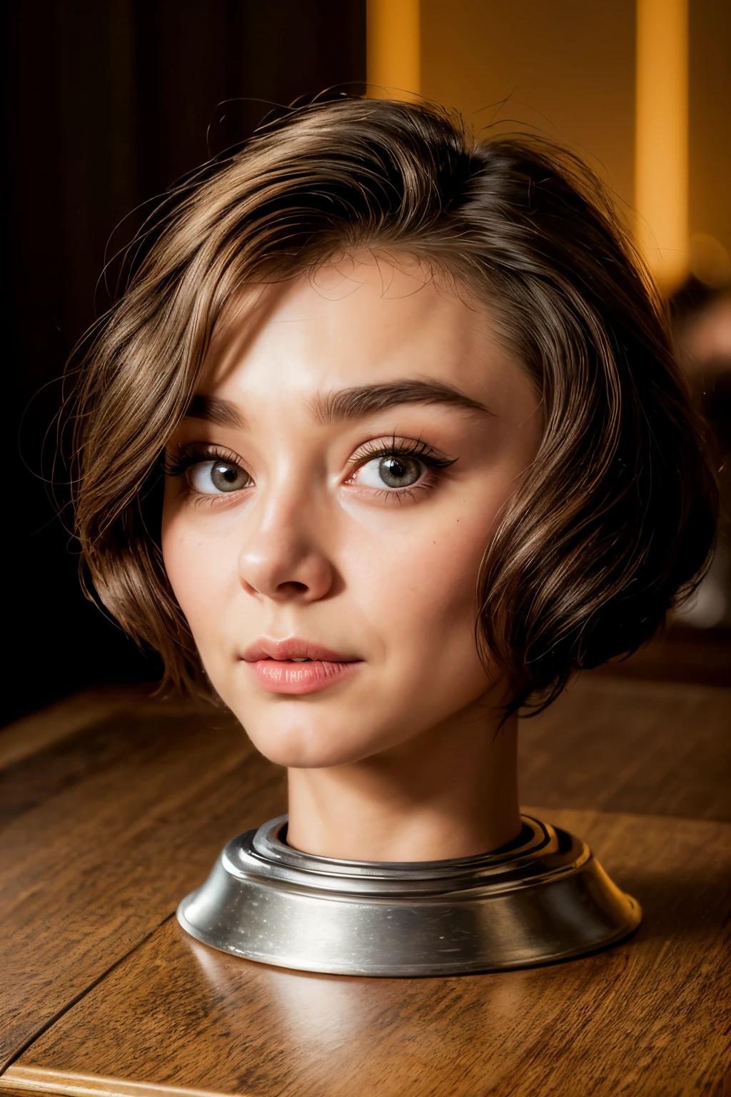 ((disembodied head on short table stand)), (masterpiece, photorealistic: 1.4), (very complex: 1.2), cinematic light, side lighting, super high definition, best shadow, RAW photo, a young Hollywood actress, Audrey Hepburn, wearing makeup, detailed face, detailed eyes, sophisticated nose, details and skin texture, detailed lips, indoors,