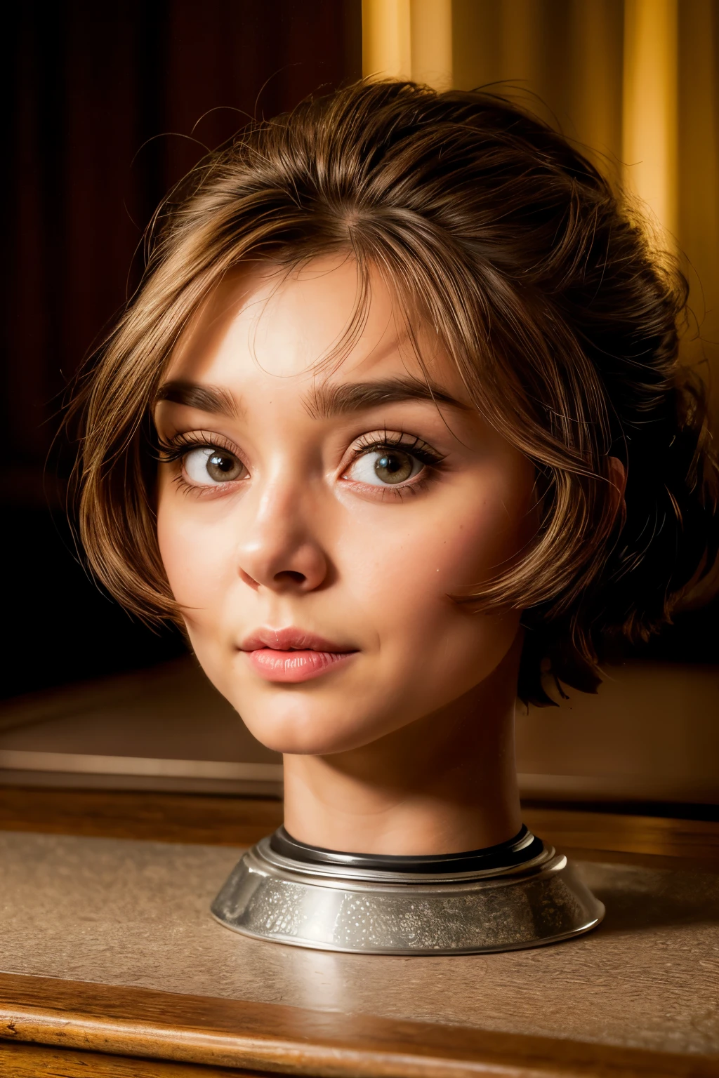 ((disembodied head on short table stand)), (masterpiece, photorealistic: 1.4), (very complex: 1.2), cinematic light, side lighting, super high definition, best shadow, RAW photo, a young Hollywood actress, Audrey Hepburn, wearing makeup, detailed face, detailed eyes, sophisticated nose, details and skin texture, detailed lips, indoors,