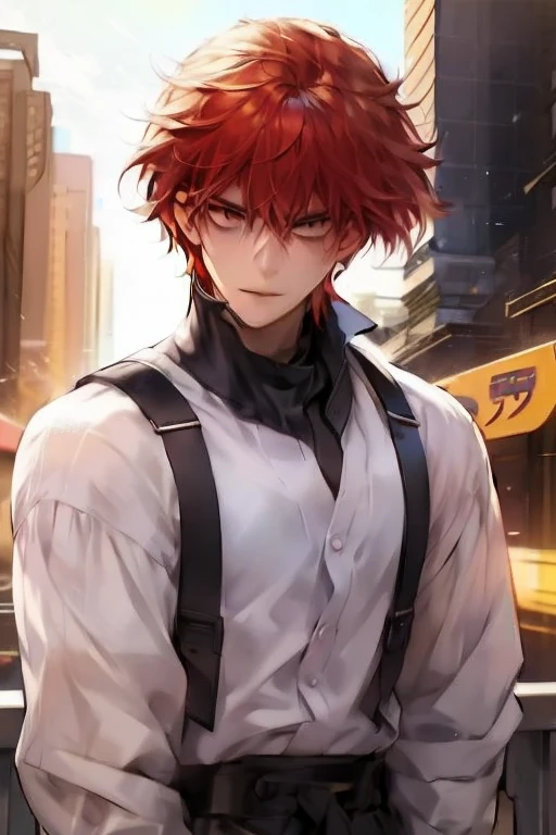 A man, red haired, rebellious, impulsive, wanting to prove himself better than others with a look of superiority but not knowing how to deal with feelings.