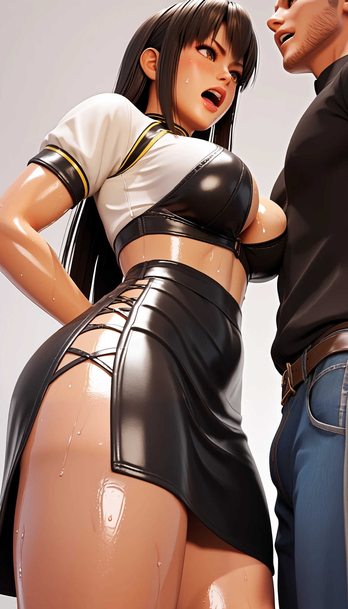 DOALeiFang, LeiFangDOA, gasp, {{{1 girl and 1 male}}}, {{{{ Man holding girl's thighs }}}}, shiny black leather tight long skirt with side slit, shiny white business shirt, arm-behind-back, {{ and bend your body backwards }}, OL, be breathless, sweat, sparkling sweat, trembling, long brown straight hair, breasts, [[angry]], blush, {anguish}, {{shameful}}, from side, from below,