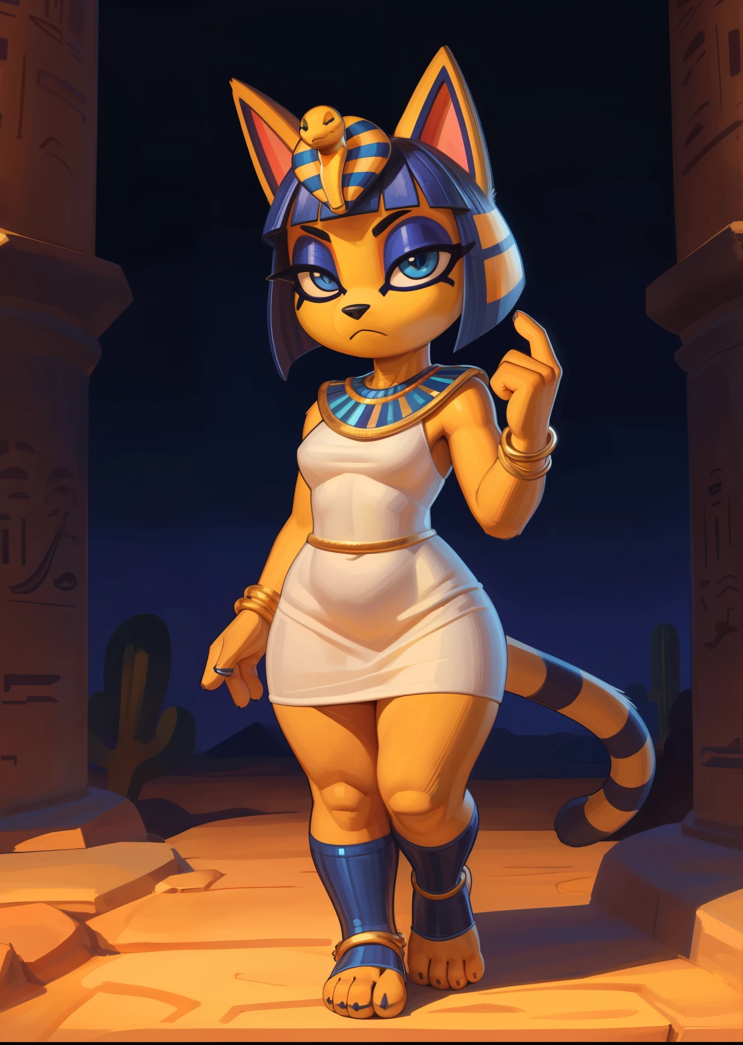 ((ankha)), ((Animal Crossing)), ((Pixelsketcher)), ((wamudraws)), ((masterpiece)), ((HD)), ((high resolution)), ((cartoon style)), ((solo portrait)), ((full body)), ((feet visible)), ((detailed fur)), ((detailed shading)), {(slim figure), (toned body), (yellow fur), (black nose), (cute blue eyes), (indigo eyeshadow), (egyptian eye makeup), (cat ears), (long striped tail), (curvy hips), (beautiful legs), (cute feet), (frown)}, {(short white dress), (snake ornament headwear), (blue bracers), (gold anklets), (blue stirrup socks)}, {(standing), (looking at viewer)}, ((desert oasis))