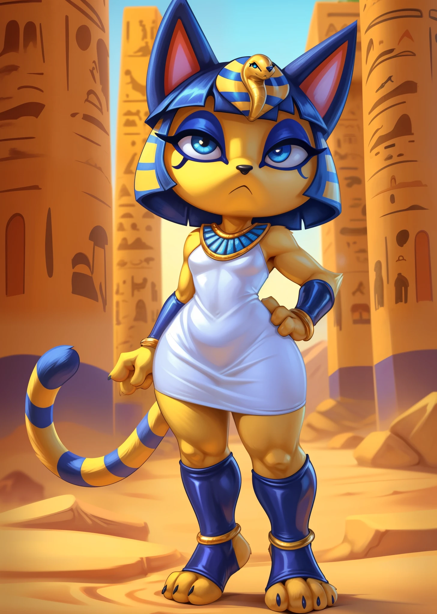 ((ankha)), ((Animal Crossing)), ((thefuckingdevil)), ((masterpiece)), ((HD)), ((high resolution)), ((cartoon style)), ((solo portrait)), ((full body)), ((feet visible)), ((detailed fur)), ((detailed shading)), {(slim figure), (toned body), (yellow fur), (black nose), (cute blue eyes), (indigo eyeshadow), (egyptian eye makeup), (cat ears), (long striped tail), (curvy hips), (beautiful legs), (cute feet), (frown)}, {(short white dress), (snake ornament headwear), (blue bracers), (gold anklets), (blue stirrup socks)}, {(standing), (looking at viewer)}, ((desert oasis))