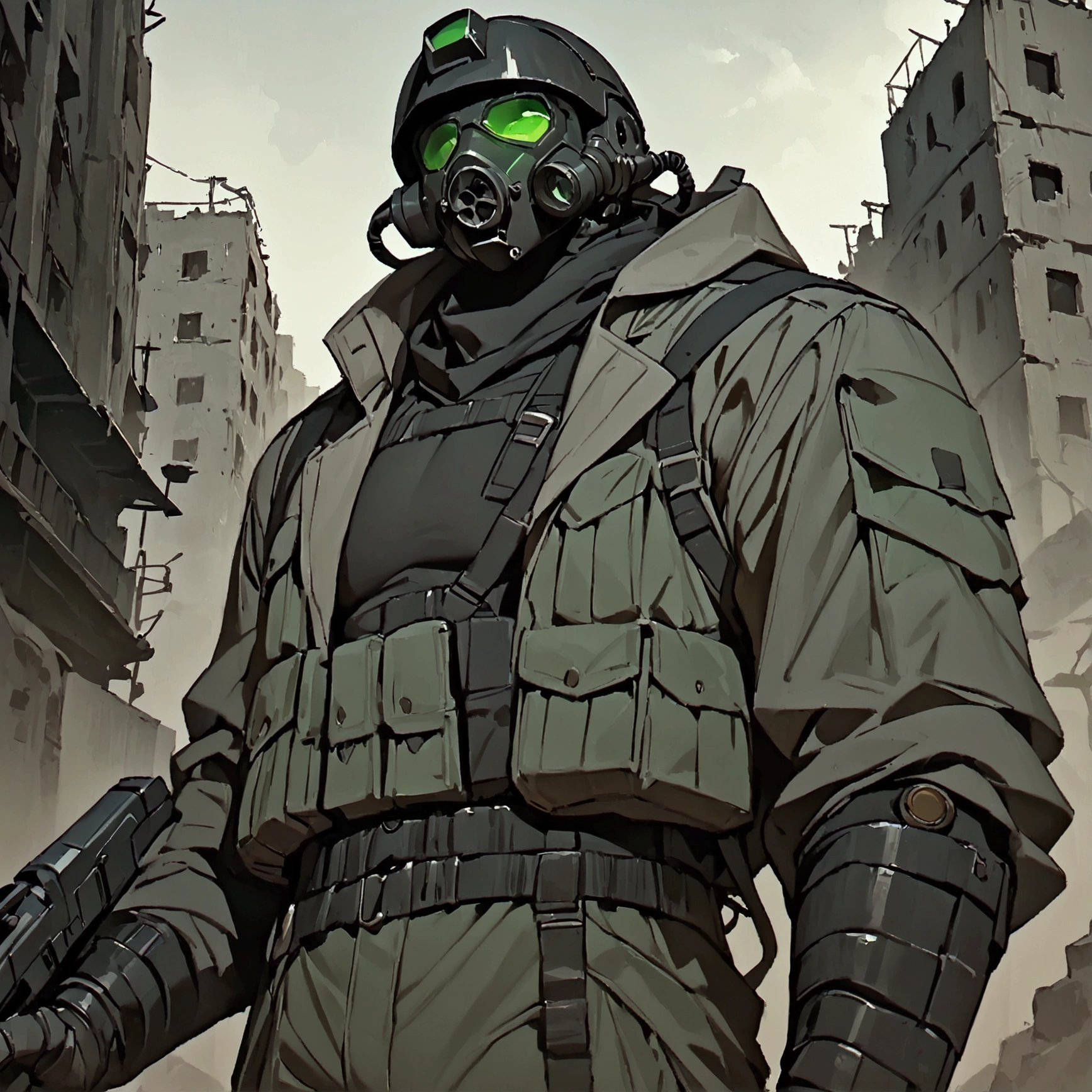 masterpiece, newest, absurdres, safe, high detailed, masterpiece. high detailed, male, Male, black helmet, green lenses gas-mask, grey coat, black shirt, and baggy cargo pants. Faceless, mechanical features like mask and limbs. Post-apocalyptic ruined city background with dark, low-key lighting. overcoat, sci-fi soldier. coat flowing with the wind, Upperbody. Male, No hair, Cool, Epic soldier, Powerarmor helmet. carrying a pistol