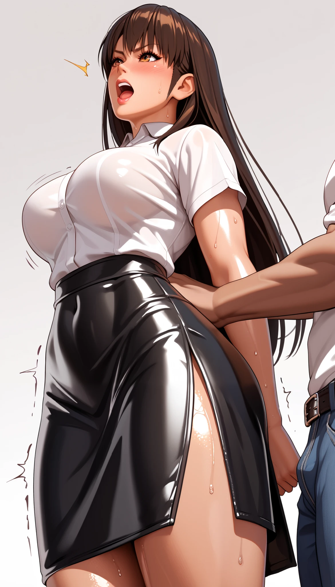 DOALeiFang, LeiFangDOA, gasp, {{{1 girl and 1 male}}}, {{{{ Man holding girl's thighs }}}}, shiny black leather tight long skirt with side slit, shiny white business shirt, arm-behind-back, {{ and bend your body backwards }}, OL, be breathless, sweat, sparkling sweat, trembling, long brown straight hair, breasts, [[angry]], blush, {anguish}, {{shameful}}, from side, from below,