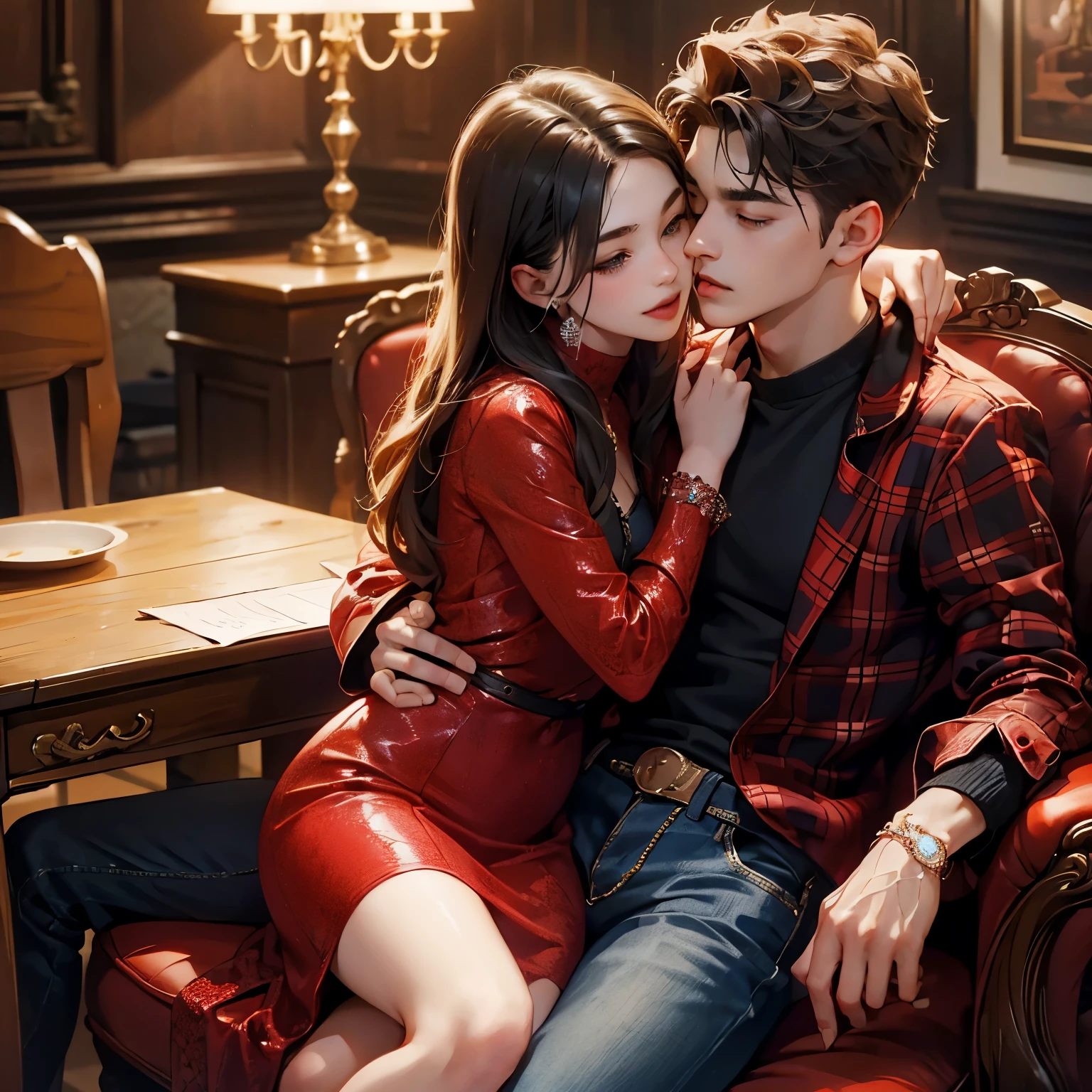Amazing portrait of a young and sexy woman wearing a red dress sitting on lap of young man wearing a red and black flannel shirt and jeans who is sitting on a chair while kissing and making out passionately surrounded by dim lighting and they're sexy and hot and lustful