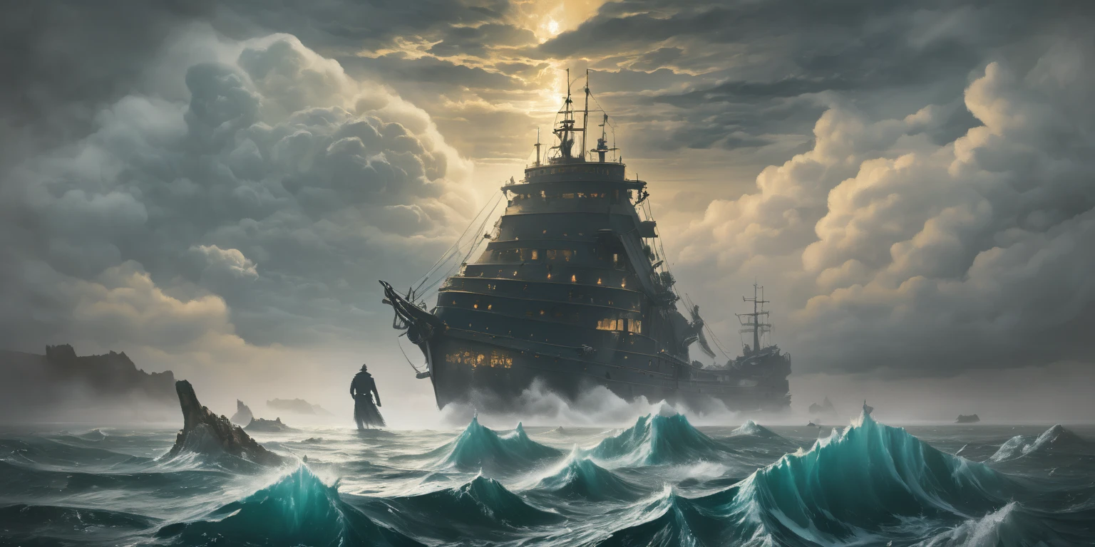 (In the middle of the water, there is a cliff on which a huge sprawling cedar grows). (((A sailing battleship on the waves ))). ( Fighting the elements ), (( rays of light break through the clouds, rays of light fall on the water )) ( Waves crash , grins foam ), ( gloomy heavy thunderstorm sky) ,  coast ,  top view from a cliff ,  raging sea waves below . (( A huge creature is coming from the water , Creepy creature, Lovecraftian monster )),  long giant tentacles with multiple mouths with several rows of teeth,  ominous fantasy illustration ,  an oncoming creature with a long , Nyarlathotep, lovecraft landscape, Silhouette,  ominous fantasy illustration emerging from backlight . ( Behind him is a huge ,  more sea leviathan .  A sea serpent with a stretch face to clouds from water . In the white fog ), Lovecraft background ,  Lovecraft atmosphere  , ( masterpiece fails,  highest quality ,  Highest image quality ,  high definition ,  Photorealistic, RAW photo, 8 k),   Vertical view from afar . ((Стиль Greg Rutkowski)), ((Aivazovsky style)), ( oil painting ). (( set of details )).