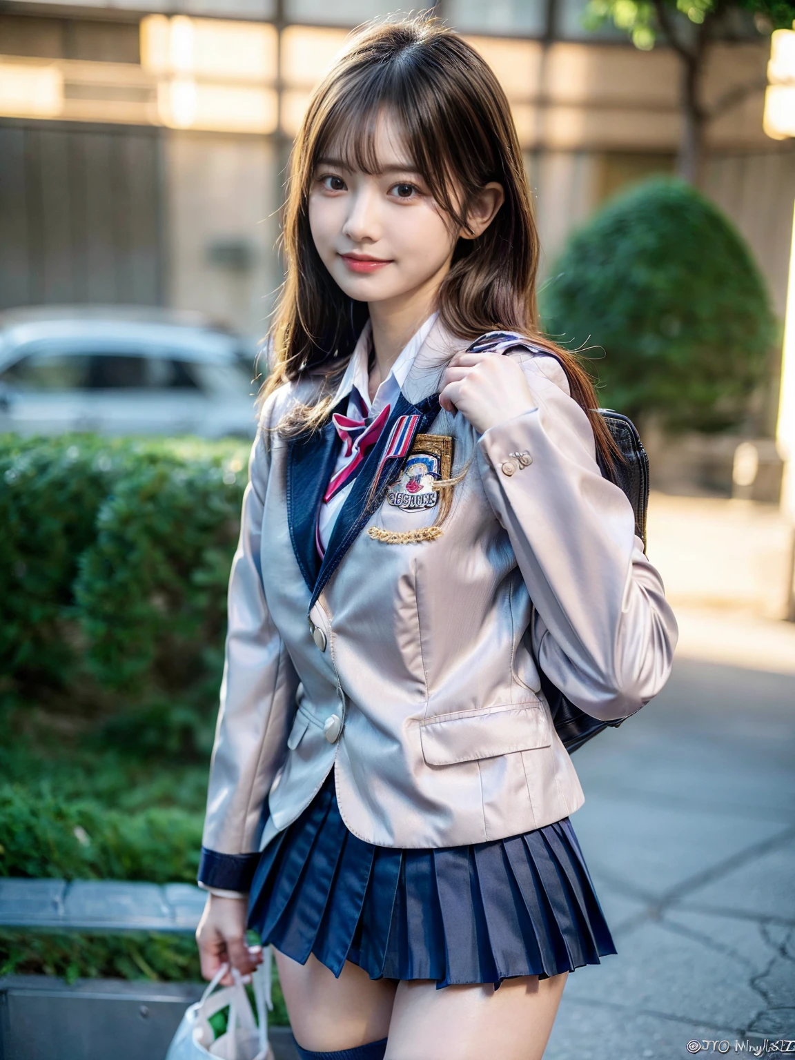 (Masterpiece, BestQuality:1.3), (ultra detailed 8k cg:1.2), (hyperrealistic:1.35), (realistic:1.4), 1 beautiful Japanese girl, 22 years old, supermodel, Japanese Idol, __expression__, Oversized Breasts, (((Carrying a bag on your back))), (School uniform:1.4), ((( blazer uniform:1.5))), (((panties under skirt :1.5))), road, (((Short sleeve))), large breasts, Oversized butt, cute face, big eyes, slanted eyes, thin lips, bob hair, mediumseagreen hair, cadetblue eyes, illustration style, beautiful woman, boyish, (RAW photo, masterpiece:1.2), ultra detailed, ultra high res, (realistic, photo realistic:1.37), portrait, high detail RAW color photo, professional photograph, an extremely delicate and beautiful, huge file size, official art, extremely detailed beautiful girl, extremely detailed face, extremely detailed eyes, extremely detailed skin, Warm-Smile, Photographed from the side, Wistful-Smile, underwear pink, (Photorealotorealistic:1.45), COWBOY SHOT, best quality, 16k, high quality, 4K, 8k, best quality, high quality, super detail, UHD, masterpiece, accurate, anatomically correct, textured skin, high details, highres