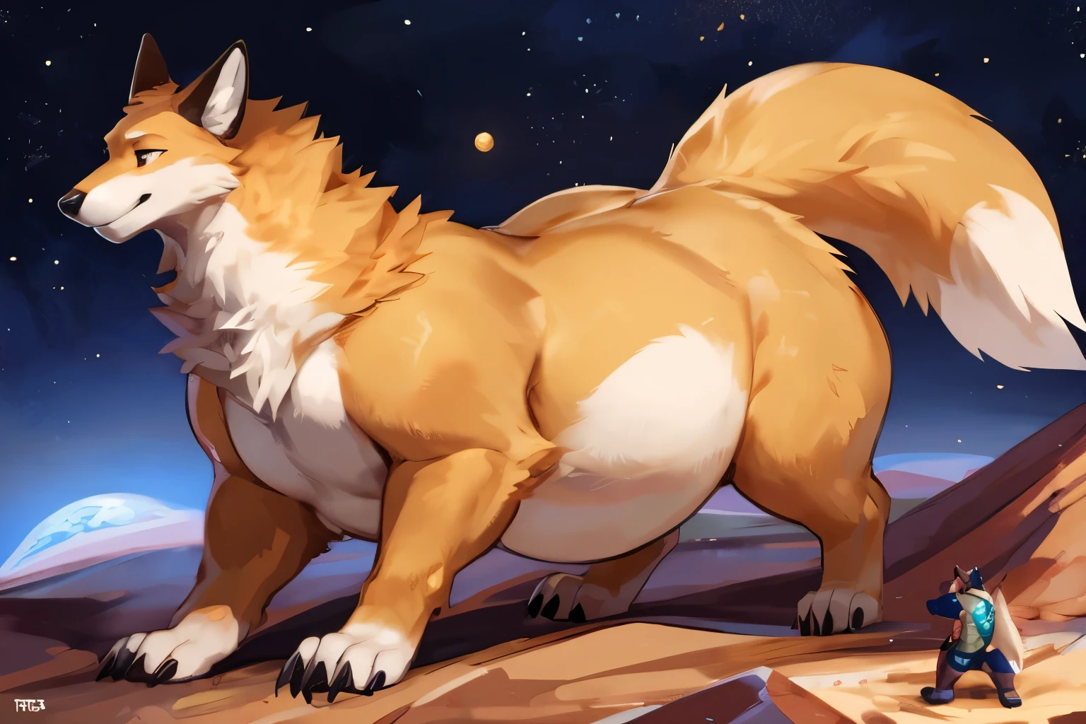 4k ultra quality, 4k full body view,(ultra high detailed body),((feral)) fox,by mystikfox61, by glitter trap boy,feral paws, by bebebebebe,by morethreedee, by seibear,(thick thigh),(chubby thigh),thicc thigh,thick legs,chubby legs,thicc legs,massive butt,enomorous thigh,massive thigh,massive legs,thick lower legs,wide legs,(detailed thigh),(wide thigh),fluffy belly sharp nails,((sfw)),(ultra detailed face),detailed eyes,big tail,fluffy tail,(detailed tail),enomorous tail,bigger tail,huge tail,volumetric light,big paws,(thick paws),fluffy paws,furry paws,enomorous paws,(feral focus), beast,(bigger lower body),(long legs),master works, super fine, 4k resolution, high quality,high picture detail,dark fantasy,illusory engine, Masterpiece,front view,dire fox,faint lighting,macro (feral) body,hyper belly,chubby (feral) body,macro,on a planet,in space