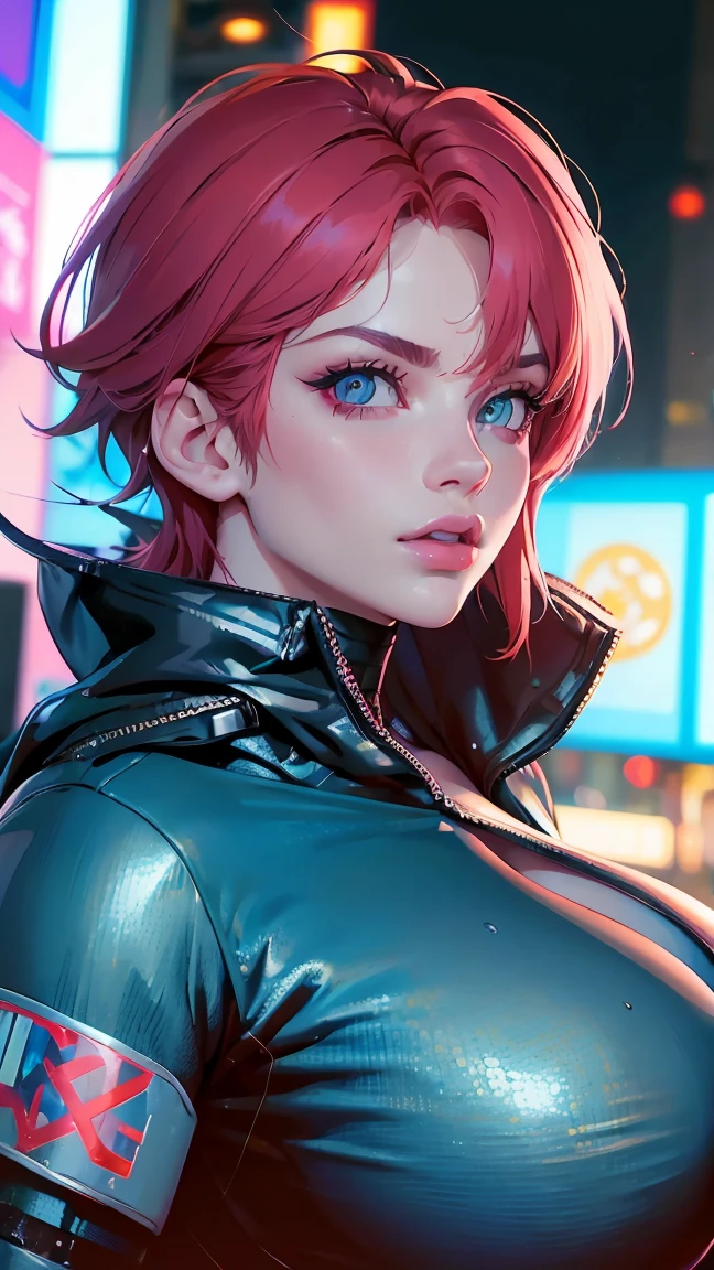 (best quality,4k,8k,highres,masterpiece:1.2), ultra-detailed, (realistic,photorealistic,photo-realistic:1.37), portraits, devil eyes, gorgeous woman, cyberpunk background, futuristic, neon lights, smoky atmosphere, reflective surfaces, glowing tattoos, metallic elements, extravagant hairstyle, provocative fashion, seductive gaze, vibrant colors, dynamic pose, cityscape, urban chaos, technologically advanced, augmented reality, holographic projections, dystopian ambiance, skyscrapers, flying vehicles, rain-soaked streets, dark alleyways, bustling crowds, energetic and vibrant, mysterious aura, topless, pink tiny nipples, naked chest, gigantic tits, naked tits, neon red hair, head and chest view, arms up, tomboy hair, punk haircut, staring at viewer 