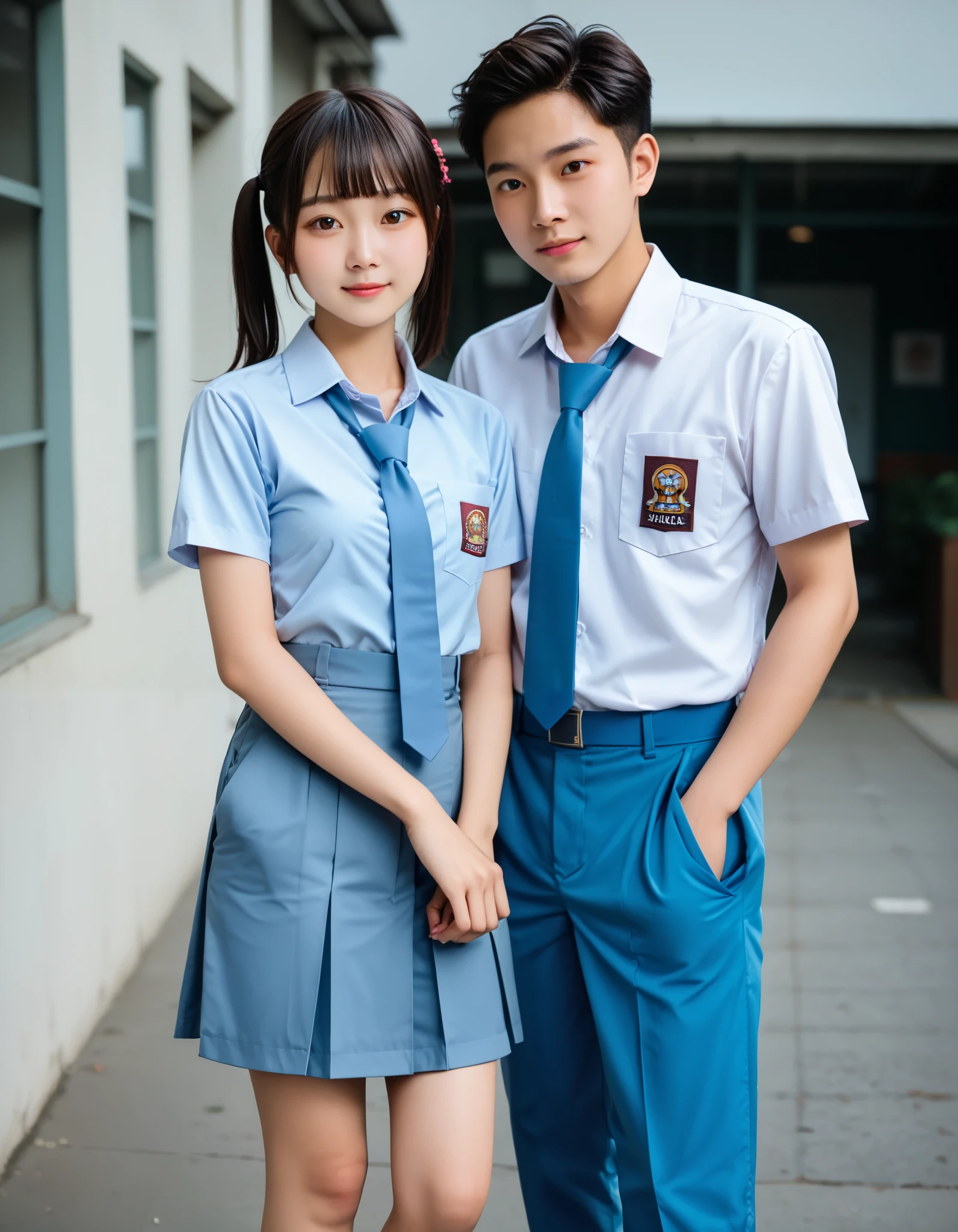 Masterpiece, hd, realistic, couple, different body height, 2 persons, ((1boy, tall body, Asian boy, cute kawaii boy, black straight hair and brown eyes, wearing Indonesian highschool uniform, white collared shirt, light blue tie, short sleeves, long pants, trousers, pocket)), ((1girl,(l1ttlegirl), short body, Slender body, small breasts, thing leg, Asian girl, kawaii portrait, cute kawaii girl, short girl, short body height, (l0li in dress), black twintail hair and brown eyes, wearing Indonesian highschool uniform, white collared shirt, light blue tie, short sleeves, pleated skirt, light blue skirt , pocket)), wearing casual clothes, standing, outdoor