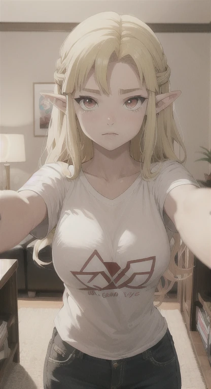 Beautiful Hylian, Hylia, T-shirt, blonde, red eyes, living room, POV, grabbing viewer, 