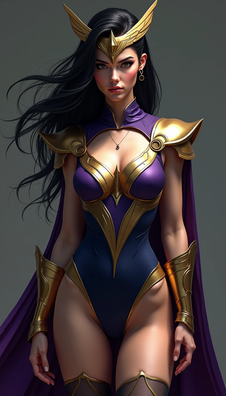 (best quality,4k,8k,highres,masterpiece:1.2),ultra-detailed,(realistic,photorealistic,photo-realistic:1.37) A sexy beautiful female supervillian who is a demigoddess , purple eyes and dark purple hair. She wears a skin tight pink sleeveless leotard, with a loincloth with a heart shaped symbol , she has gold bracelets and a  high resolution portrait photography by artgerm, in the style of realism, glistening skin,natural lighting, Defined full lips. feminine body 