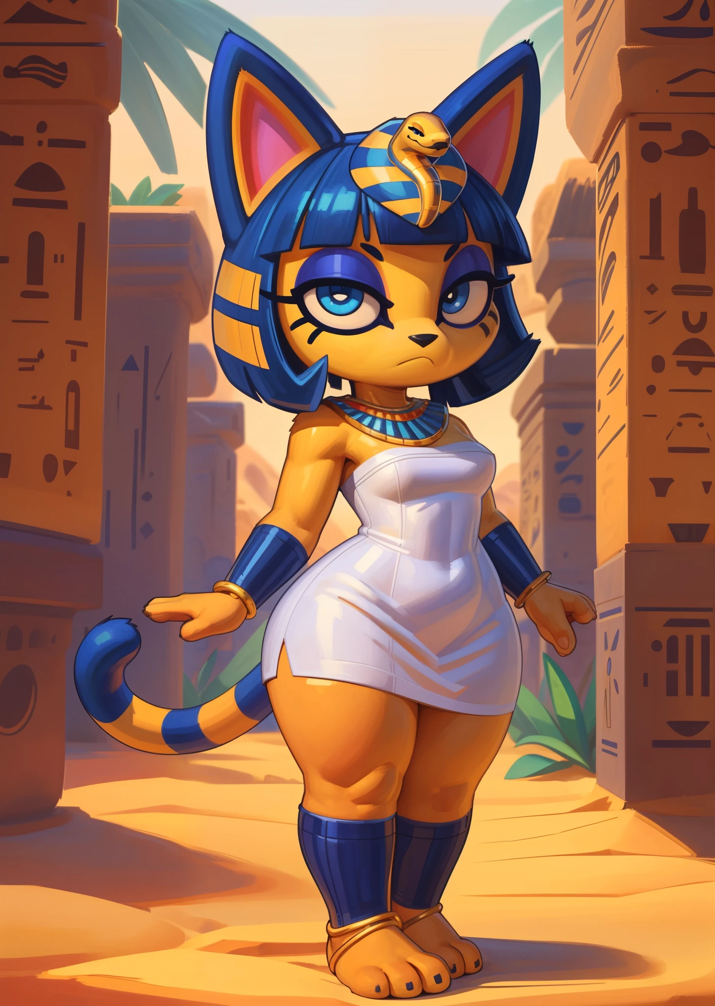 ((ankha)), ((Animal Crossing)), ((Pixelsketcher)), ((wamudraws)), ((masterpiece)), ((HD)), ((high resolution)), ((cartoon style)), ((solo portrait)), ((full body)), ((feet visible)), ((detailed fur)), ((detailed shading)), {(attractive figure), (toned body), (yellow fur), (black nose), (cute blue eyes), (indigo eyeshadow), (egyptian eye makeup), (cat ears), (long striped tail), (curvy hips), (beautiful legs), (cute feet), (frown)}, {(short white dress), (snake ornament headwear), (blue bracers), (gold anklets), (blue stirrup socks)}, {(standing), (looking at viewer)}, ((desert oasis))