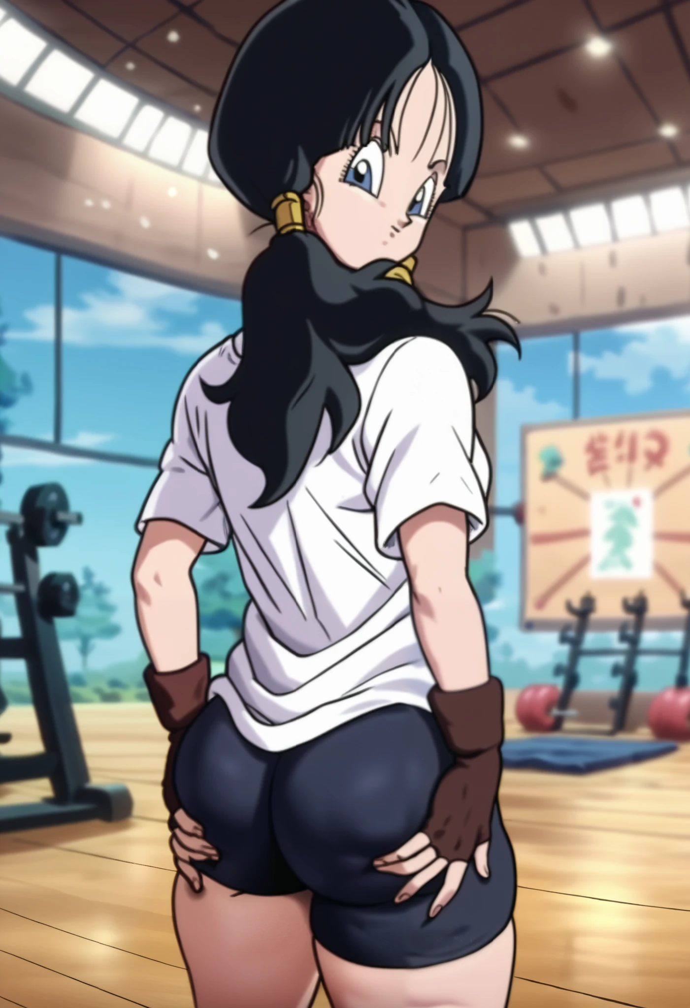 source_anime, score_9, score_8_up, score_7_up, anime screencap,
videldbz, 1girl, solo, looking at viewer, long hair, blue eyes, black hair, ponytails, ass, (((ass grab))), thick thighs, white shirt, gym, fingerless gloves, black shorts