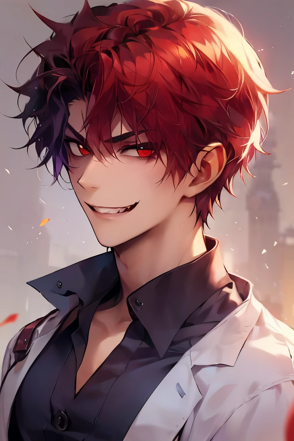 seductive vampire, 1boy, one male, adult vampire male, attractive, button up shirt, Smile, Looking at viewer, Simple background, Red Eyes, Teeth, Fang, 