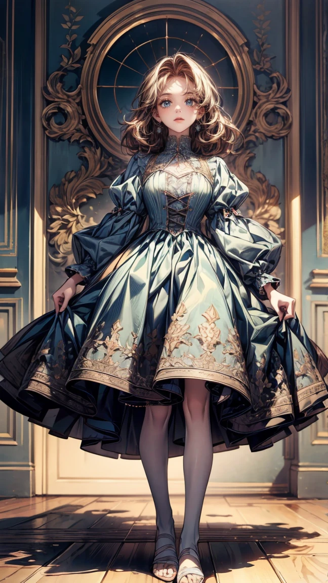 Full-body view, magazine cover-style shot, 8K resolution, high detail, around 20 years old, (one female), medium-length hair, brown hair, light blue eyes, lolita-style outfit, translucent fabric accents, light blue gemstone embellishments, ((UHD, masterpiece, super detail, best quality, highres, 8k)), (detailed line art), perfect face, perfect body, perfect hands, perfect feet.