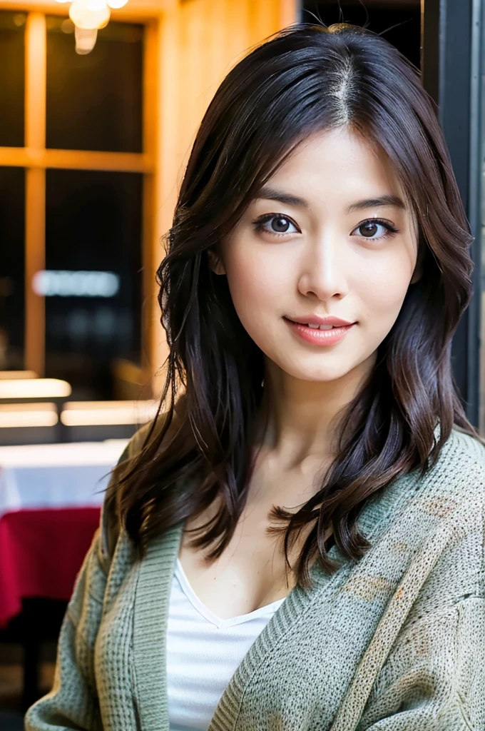 (masterpiece, best quality, perfect anatomy, highres, 8k, realistic, photorealistic, natural skin texture, no makeup:1.2), 1girl, solo, Japanese, age20, female university student, very cute, parted lips, (large breasts:1.2), (perfect figure1.2). winter clothes, winter, at the restaurant, omelet with a filling of ketchup-seasoned fried rice, natural lighting, portrait, nekogao