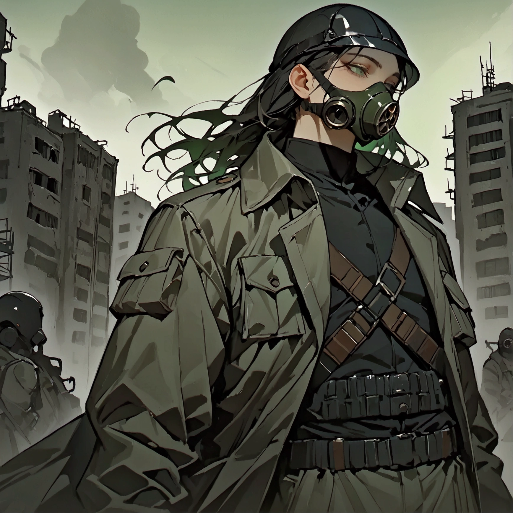 masterpiece, newest, absurdres, safe, high detailed, masterpiece. high detailed, male, Male, black helmet, green lenses gas-mask, grey coat, black shirt, and baggy cargo pants. Faceless, mechanical features like mask and limbs. Post-apocalyptic ruined city background with dark, low-key lighting. overcoat, sci-fi soldier. coat flowing with the wind, Upperbody. Male