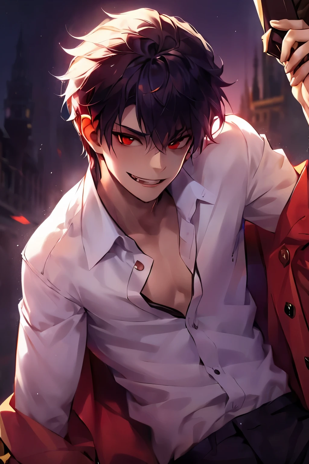 seductive vampire, 1boy, one male, adult vampire male, attractive, button up shirt, Smile, Looking at viewer, Simple background, Red Eyes, Teeth, Fang, 