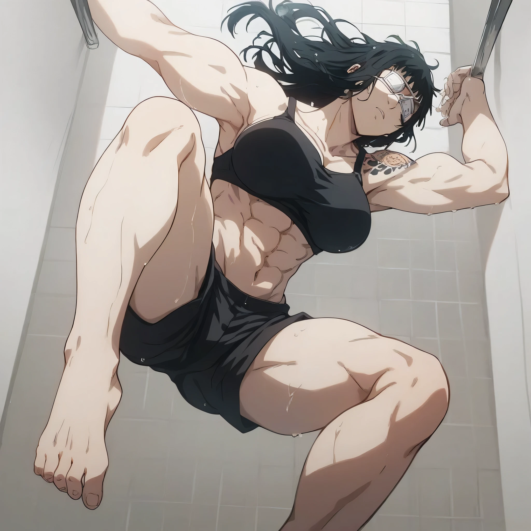 score_9, score_8_up, score_7_up,score_6_up,high resolution,source_anime,s0fiavalm3t,1girl,eyepatch,black hair,long hair,,dramatic shadow,full body,pov,suspended in air, tattoos on shoulder,wearing sport bra,black  Elastic fibers sport shorts,Barefoot,in bathroom,wet body and clothes,Valmet 183cm tall