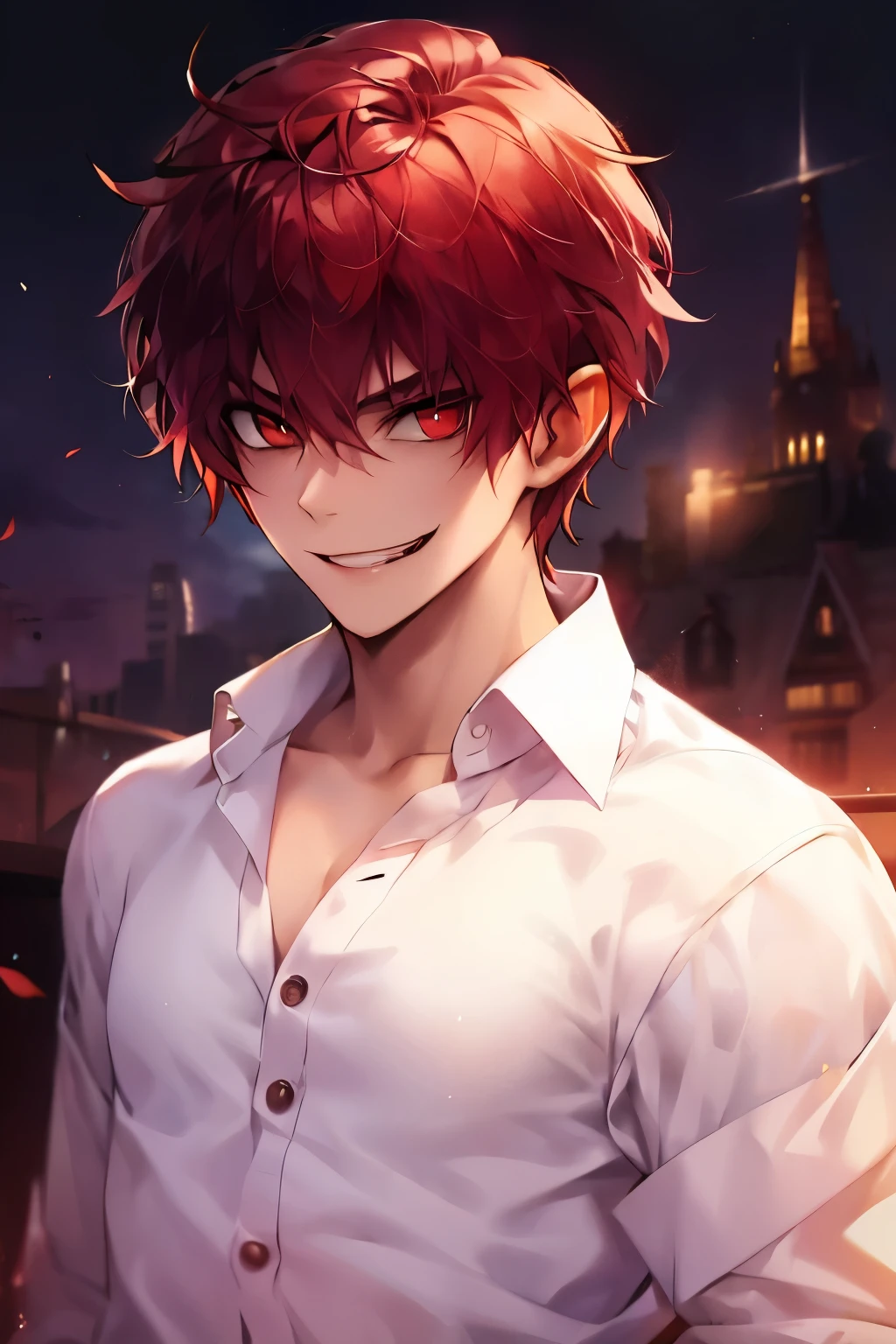 seductive vampire, 1boy, one male, adult vampire male, attractive, button up shirt, Smile, Looking at viewer, Simple background, Red Eyes, Teeth, Fang, 