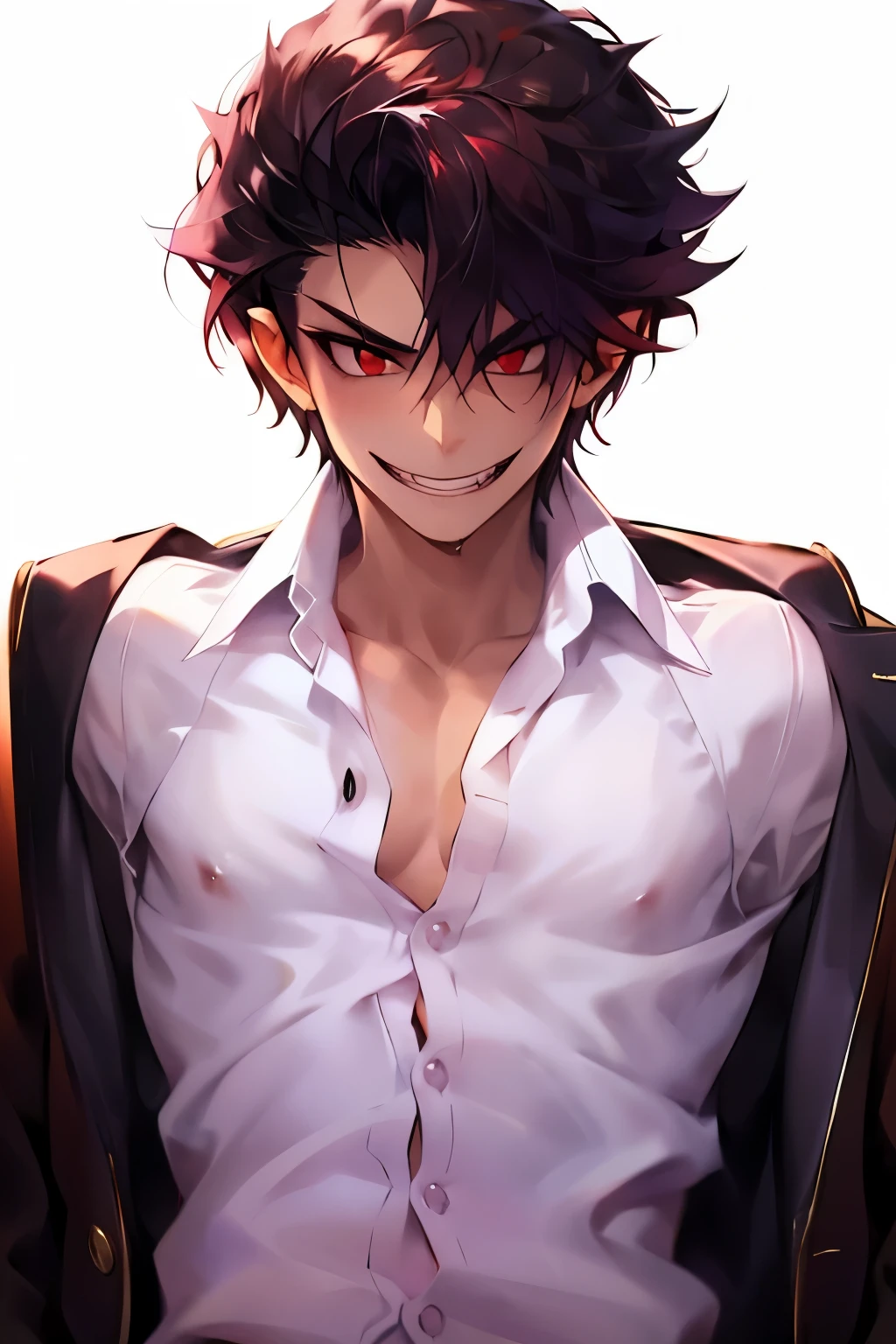 seductive vampire, 1boy, one male, adult vampire male, attractive, button up shirt, Smile, Looking at viewer, Simple background, Red Eyes, Teeth, Fang, 