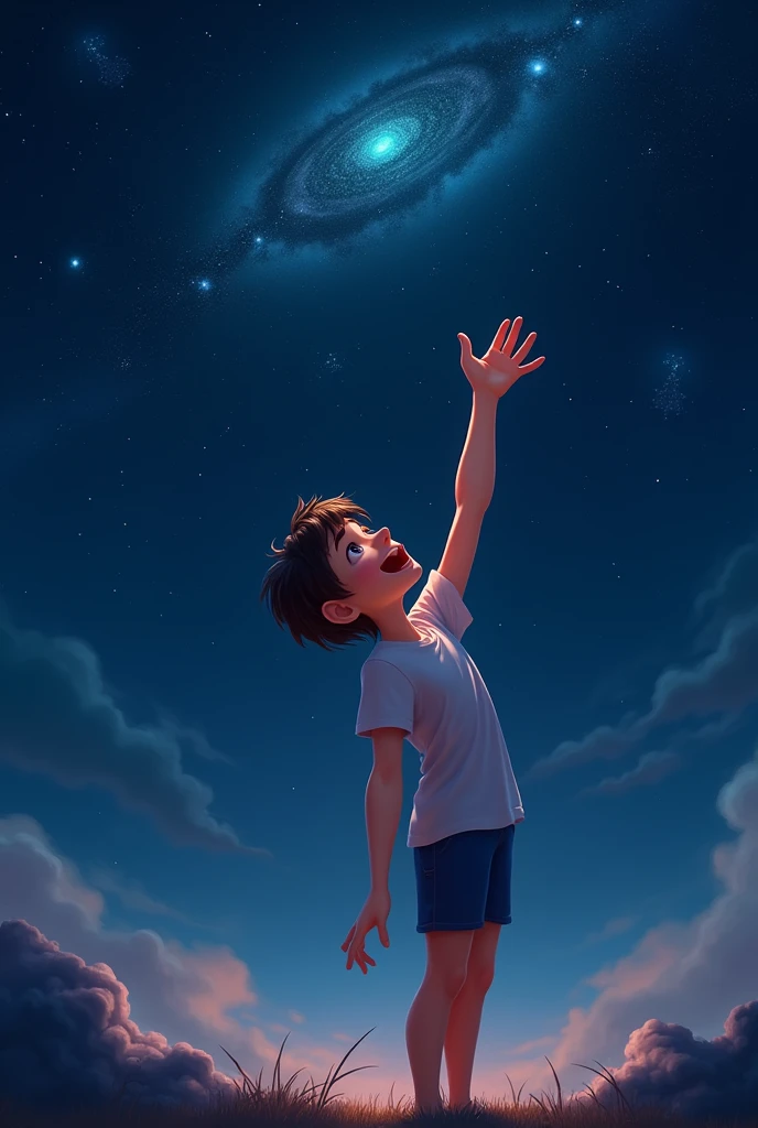 The grey shirt of the boy in the blue T-shirt before takeoff leaning on the floor under the starry sky.