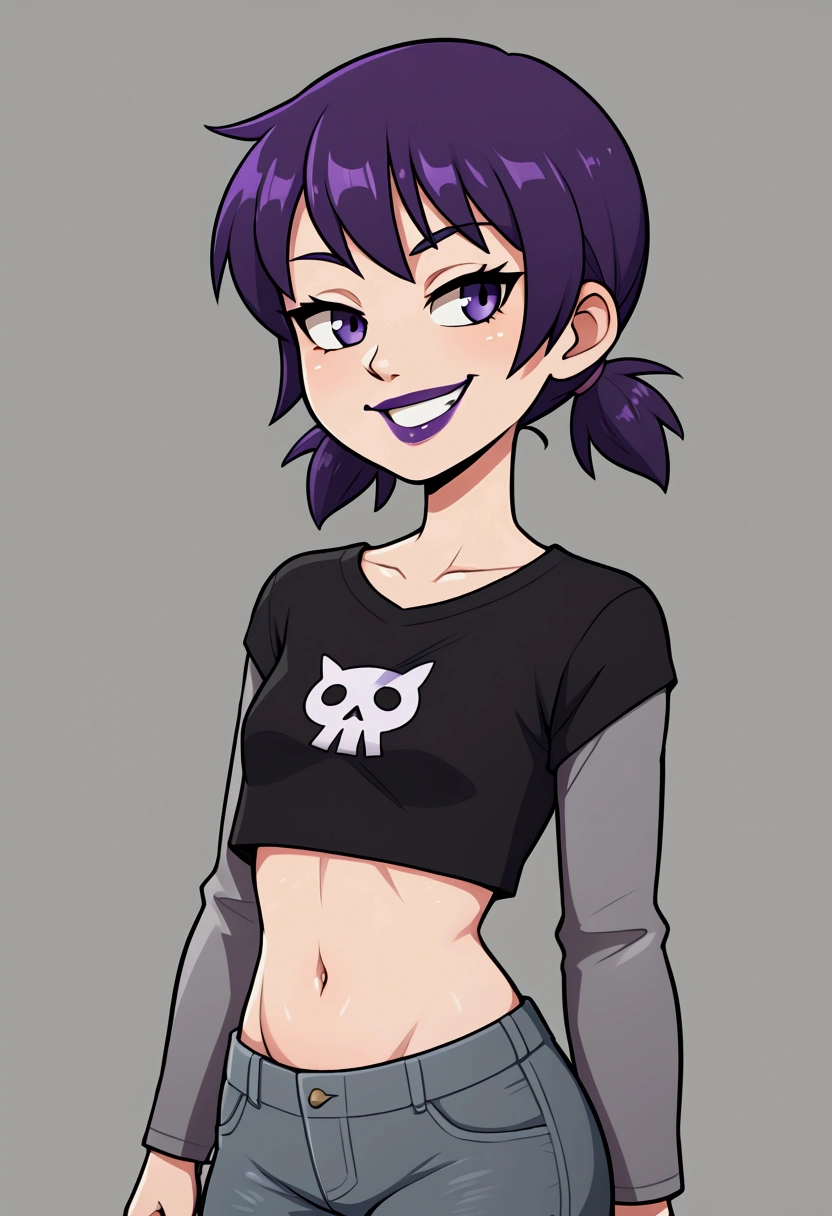 1girl, purple hair, short twintails, gray jeans, taut black t-shirt, long gray sleeves, crop top, midriff, belly, navel, purple lipstick, grin