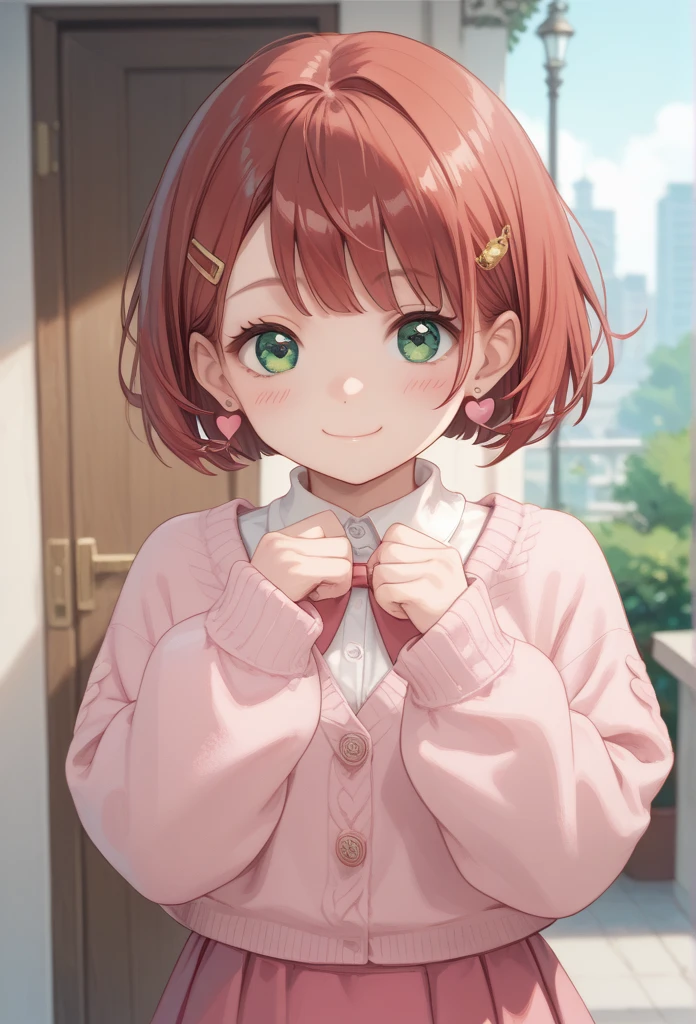 1girl, solo, masterpiece, best quality, (anime art style:1.0), score_9, score_8_up, score_7_up, source_, blushing, short bob cut hair, red hair, pink cardigan sweater, short pink skirt, heart earrings, smiling, hair clip accessory, cute girl, green eyes