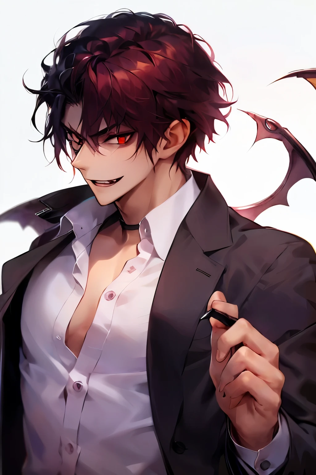 seductive vampire, 1boy, one male, adult vampire male, attractive, button up shirt, Looking at viewer, Simple background, Red Eyes, Teeth, Fang, 