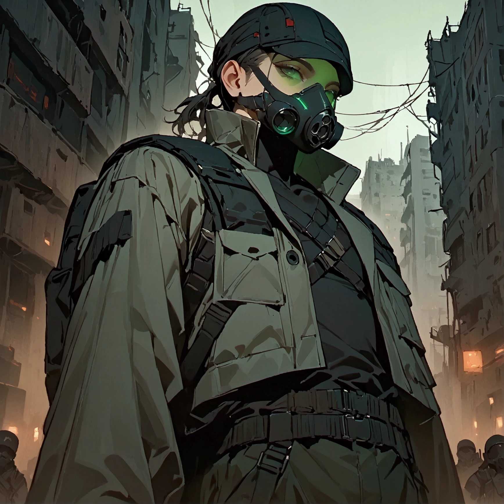 masterpiece, newest, absurdres, safe, high detailed, masterpiece. high detailed, male, Male, black helmet, green lenses gas-mask, grey coat, black shirt, and baggy cargo pants. Faceless, mechanical features like mask and limbs. Post-apocalyptic ruined city background with dark, low-key lighting. overcoat, sci-fi soldier. coat flowing with the wind, Upperbody. Male. Cyberpunk mask. Cyberpunk soldier.