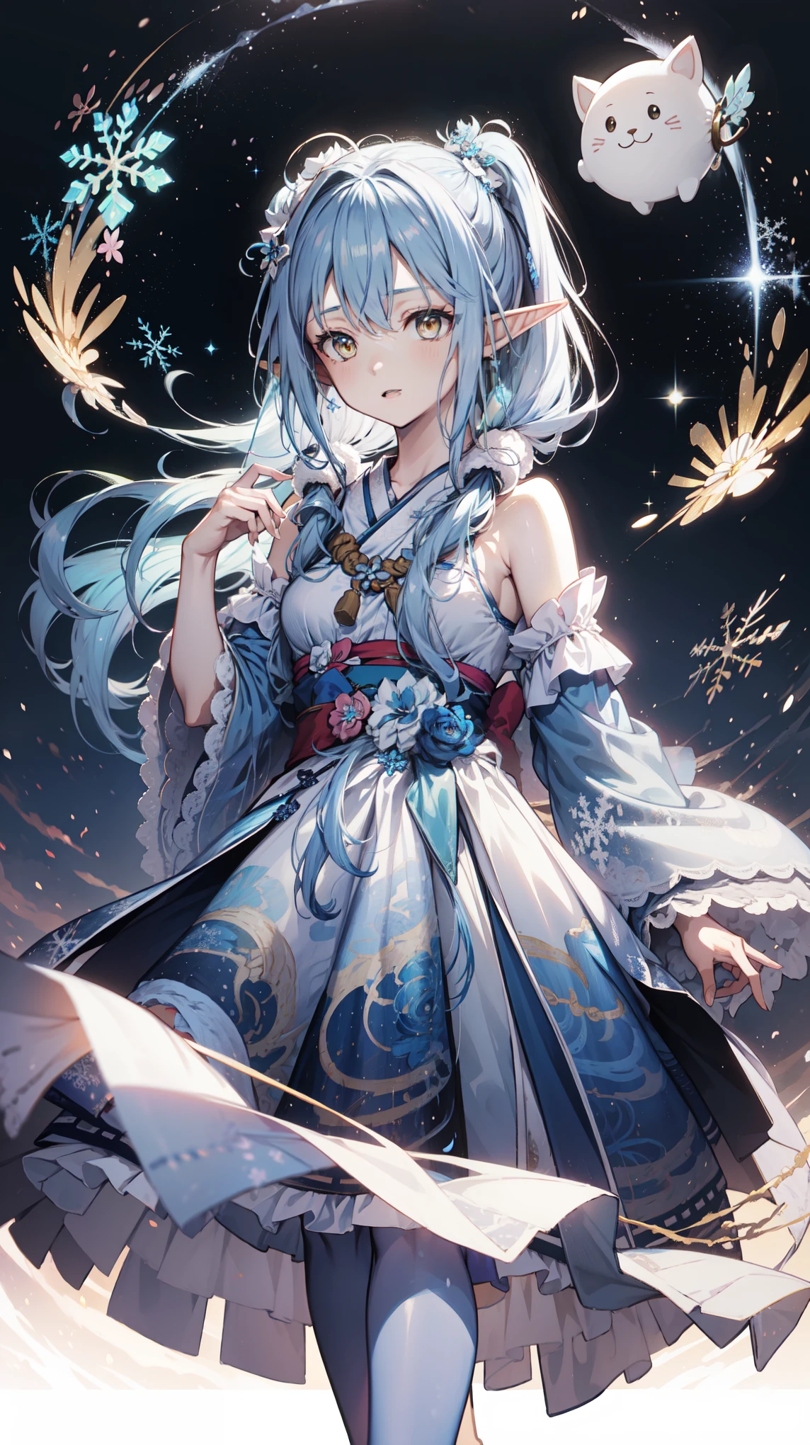 Anime Girl, Fantasy illustrations,  flowing hair ，Blue Japanese long skirt， Clear Clothes ， Beautiful young elf,  dark blue hair ，Twin ponytails，Hair style editor ，have， happy ，Beautiful fantasy anime, 闪亮 flowing hair , Ethereal Anime, Beautiful anime works ,  Beautiful digital art , Anime fantasy work ，Snowflake Solitaire