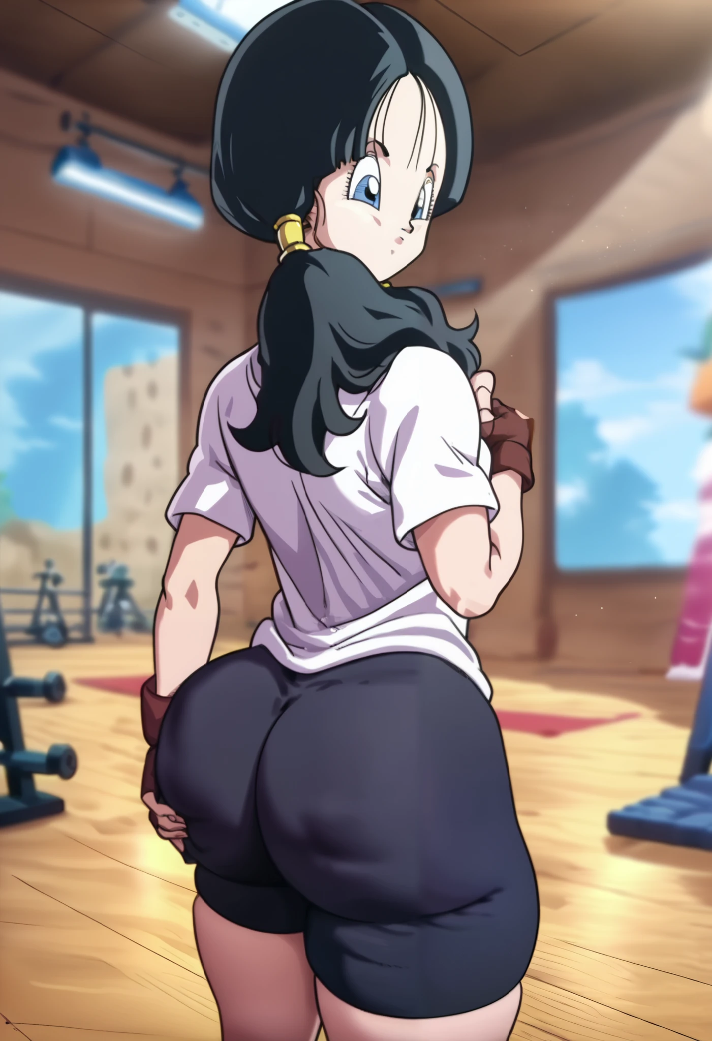 source_anime, score_9, score_8_up, score_7_up, anime screencap,
videldbz, 1girl, solo, looking at viewer, long hair, blue eyes, black hair, ponytails, ass, (((ass grab))), big ass, wide hips, thick thighs, white shirt, gym, fingerless gloves, black shorts