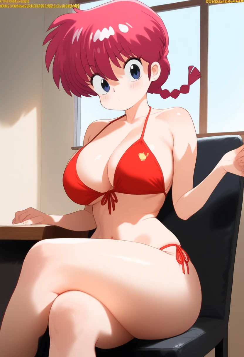  Ranma saotome ,  red hair,  Braided hair ,  blue eyes , NSFW,  detailed eyes ,  Big Tits,  perfect breasts ,  wide hip, abdomen sexy,  thick thighs,  big butt,  detailed face,  white and red Christmas bikini, sexy Christmas bikini , room with window,  sitting on chair ,  crossed legs