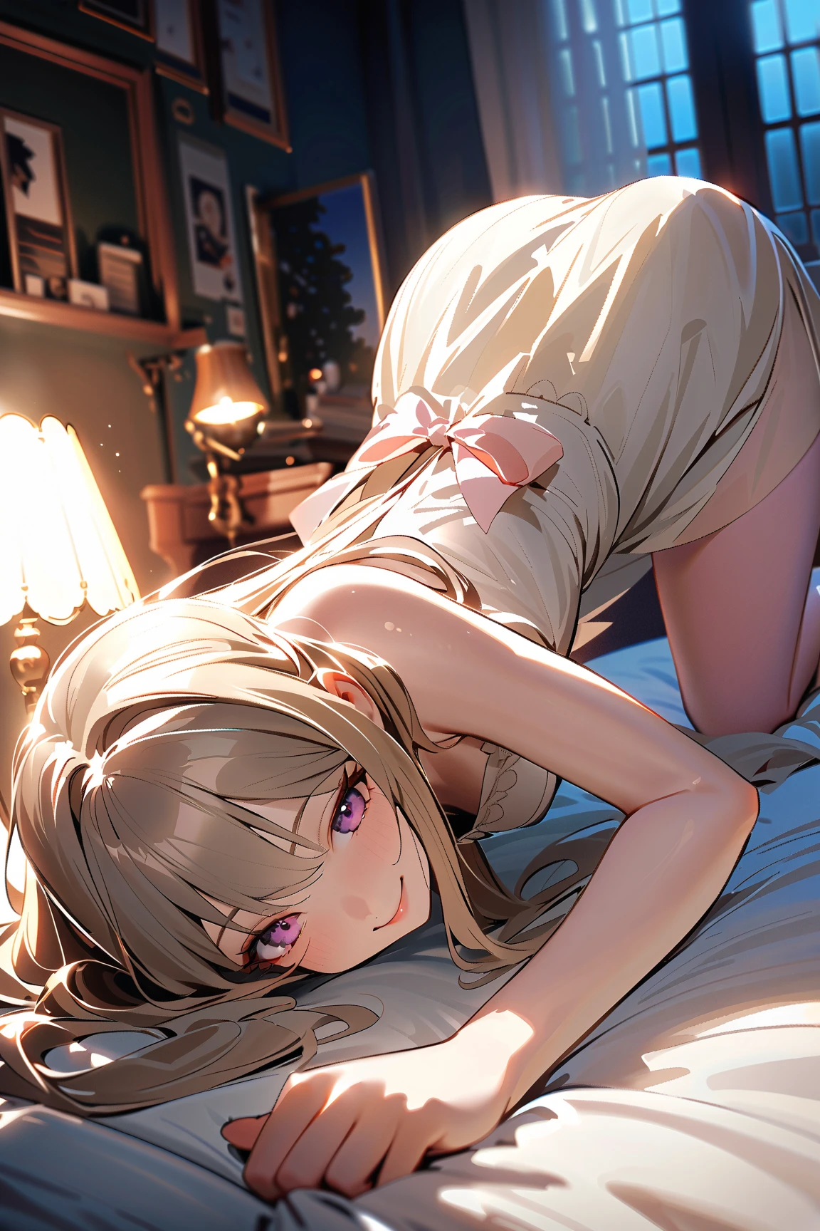 large breasts、wet.arms、looking at viewer、cowboy sot,(((overhead shot)))), ((((1girls/2boys))), spoken 〇〇、nsfw, penis, pussy, under boob,erect nipples present in the indoor pool,Sex between men and women、sketch、Purple Hair、She has a small ribbon on her head、Big Tits、doggystyle