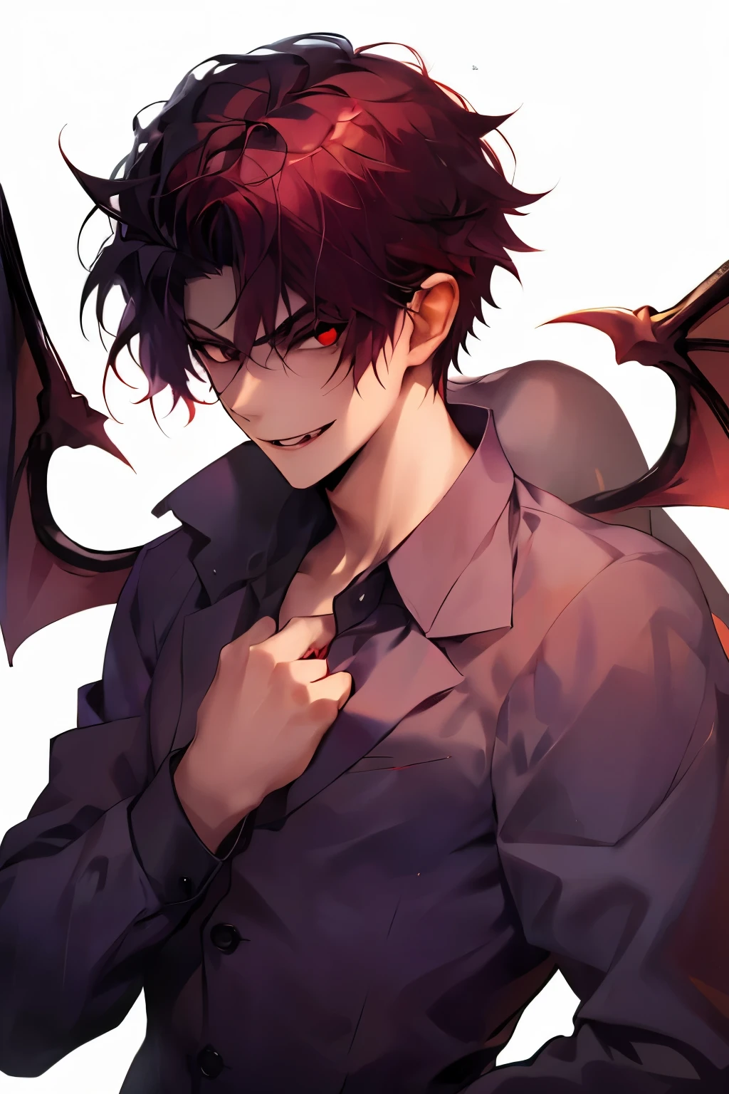 seductive vampire, 1boy, one male, adult vampire male, attractive, button up shirt, Looking at viewer, Simple background, Red Eyes, Teeth, Fang, 