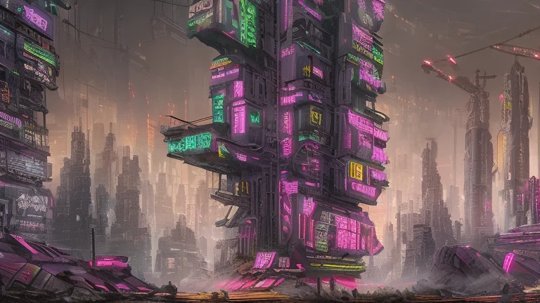 landscape photograph of dystopian Cyberpunk city, Photographic, gritty, dirty, dark, neon