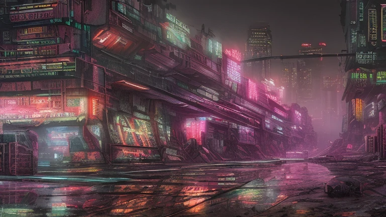 landscape photograph of dystopian Cyberpunk city, Photographic, gritty, dirty, dark, neon