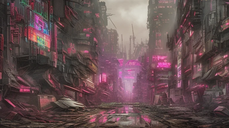 landscape photograph of dystopian Cyberpunk city, Photographic, gritty, dirty, dark, neon