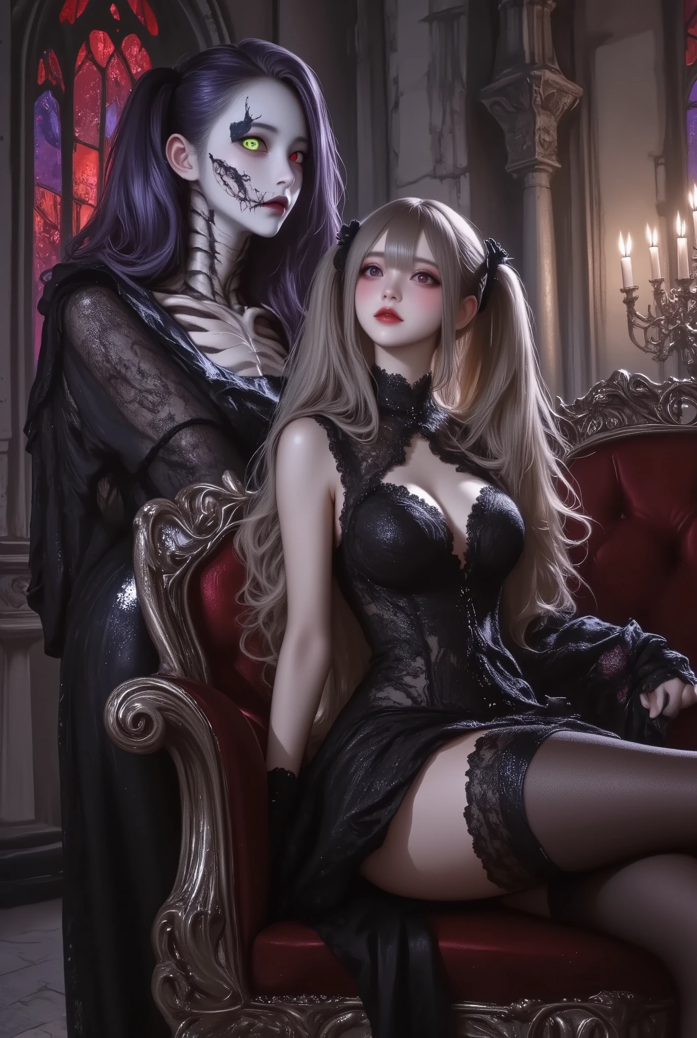 photo Realism style, digital painting, best quality, high detail, 1girl,death god,BREAK,1girl\(twin tails, fair skin, gothic lolita fashion, black lace dress, black thigh-high stockings, black high-heeled boots, sitting pose on an ornate gothic chair, legs crossed, right hand holding a black notebook with “Terika Note” written on the cover, relaxed and confident expression, dimly lit environment\),BREAK,death god\(humanoid skeleton body, intricate and jagged bone structure, elongated ribcage spikes, sharp and menacing bone extensions on shoulders and limbs, asymmetrical skeletal design, right eye covered with a bandage, hair with a gradient of white to purple-tinted blue, dark purple lips, hollow glowing eyes, menacing and eerie expression, detailed bone texture, dramatic lighting emphasizing skeletal form, ominous and otherworldly presence\),BREAK,dark gothic background, intricate stone archways, stained glass windows with crimson and violet hues, flickering candles, shadows cast across the scene, subtle glowing light accents.