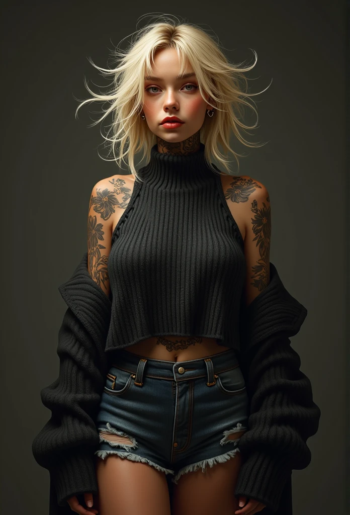 flux,dark_skinned_female,milf,mature_woman,,dark_skinned_female,solo_female, solo, messy hair, blonde hair hair, sweater, detached sleeves, sleeveless,turtle_neck, choker, dark-skinned female,wide hips,standing,flux,shiny_skin,from_below,thighs