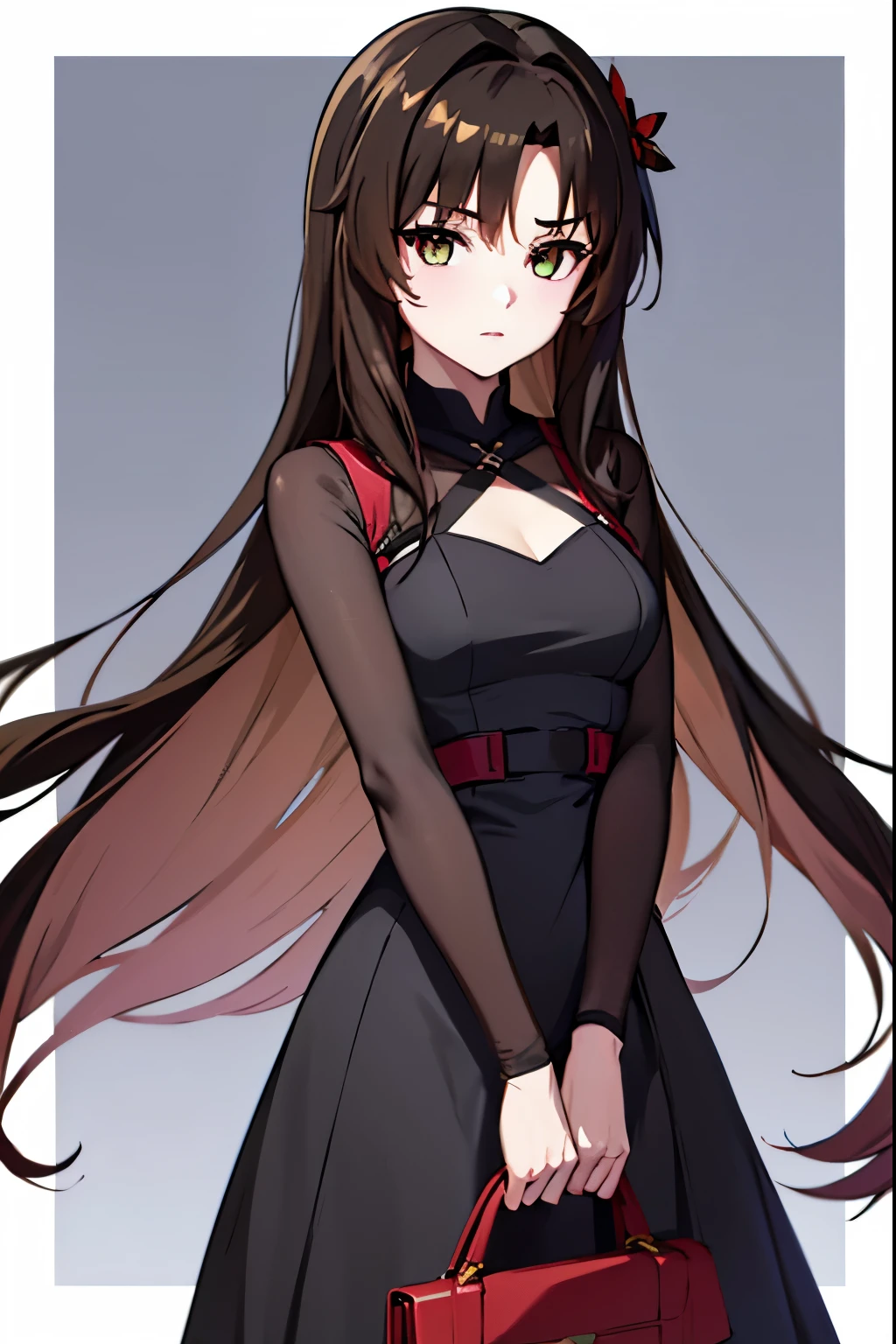 Anime girl in a black dress with a black bag,  anime girl in a black dress , De Girls Frontline, Made with Anime Painter Studio, Rin Tohsaka, Girls Frontline style , Fine details. girls frontline, Chica anime linda con un vestido bonito,  anime moe art style , April representation,   anime style , Anya de Spy X Family