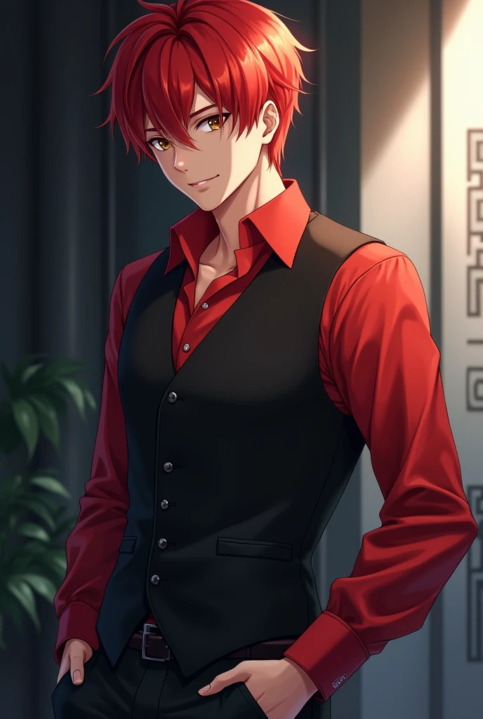 red hair Brown eyes black vest with red shirt anime boy cool