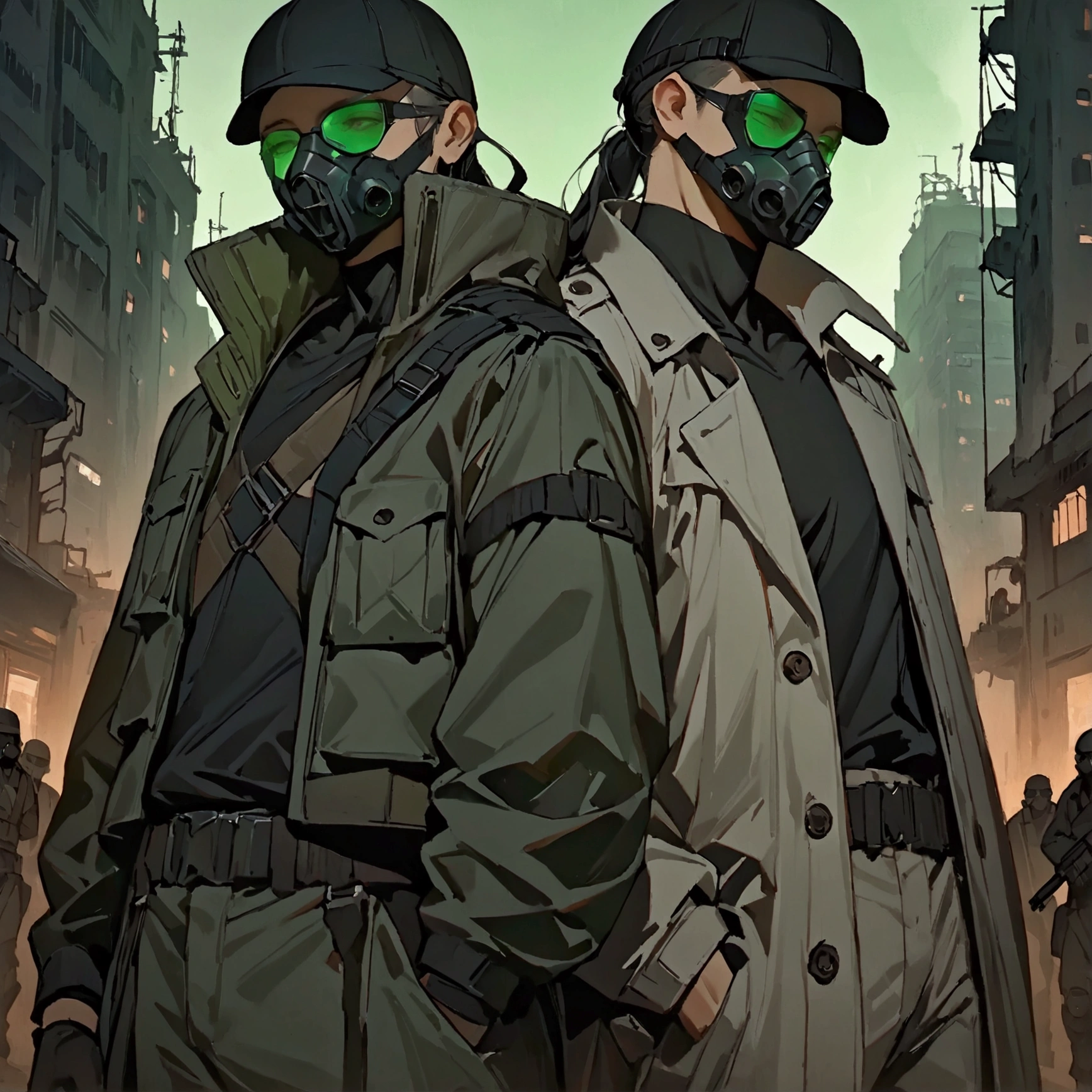 masterpiece, newest, absurdres, safe, high detailed, masterpiece. high detailed, male, Male, black helmet, green lenses gas-mask, grey coat, black shirt, and baggy cargo pants. Faceless, mechanical features like mask and limbs. Post-apocalyptic ruined city background with dark, low-key lighting. overcoat, sci-fi soldier. coat flowing with the wind, Upperbody. Male. Cyberpunk mask. Cyberpunk soldier. Faceless, HiddenFace. Male, Coat