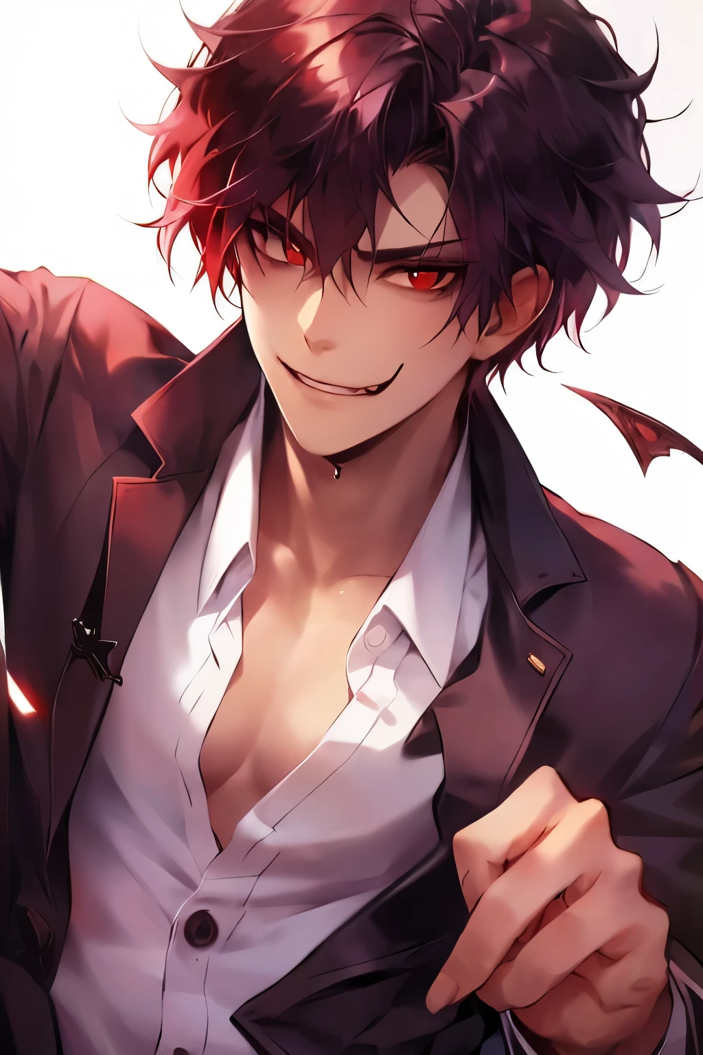 seductive vampire, 1boy, one male, adult vampire male, attractive, demon, evil character, seductive, button up shirt, Looking at viewer, Simple background, Red Eyes, Teeth, Fang, 